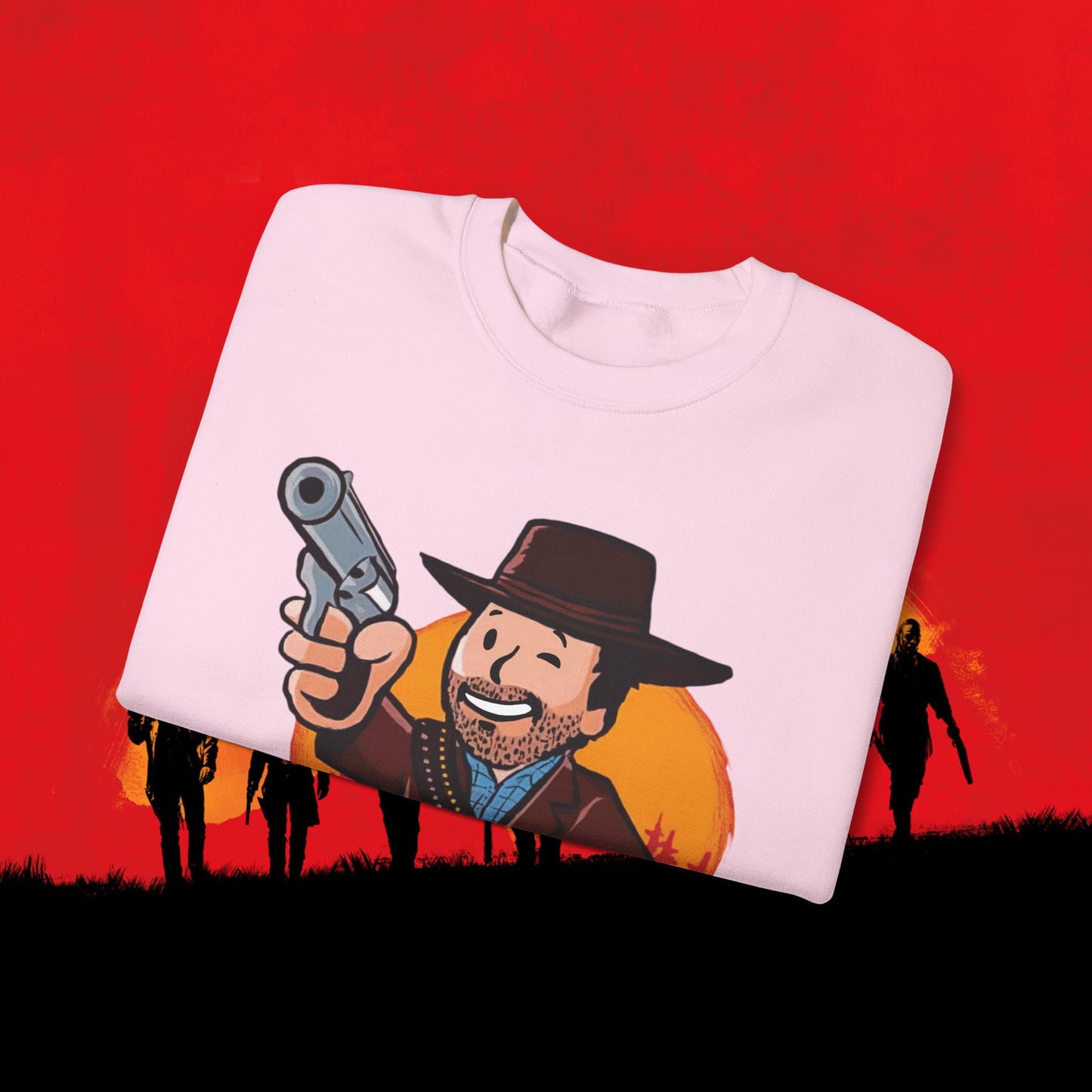 Cowboy Red Dead Redemption Vault Boy Fallout Funny Meme Cartoon Mashup Unisex Heavy Blend Crewneck Sweatshirt Sweatshirts Fallout Red Dead Redemption Vault Boy Video Games Printify