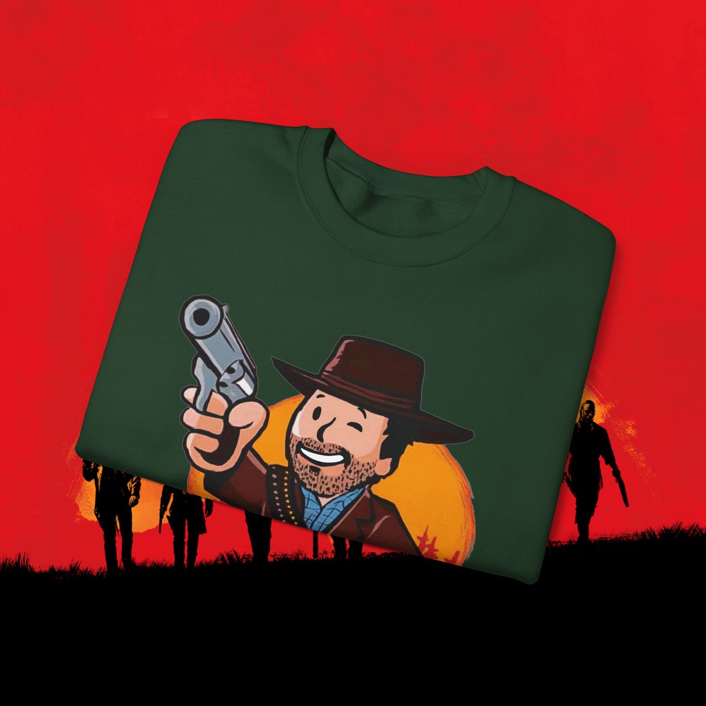 Cowboy Red Dead Redemption Vault Boy Fallout Funny Meme Cartoon Mashup Unisex Heavy Blend Crewneck Sweatshirt Sweatshirts Fallout Red Dead Redemption Vault Boy Video Games Printify