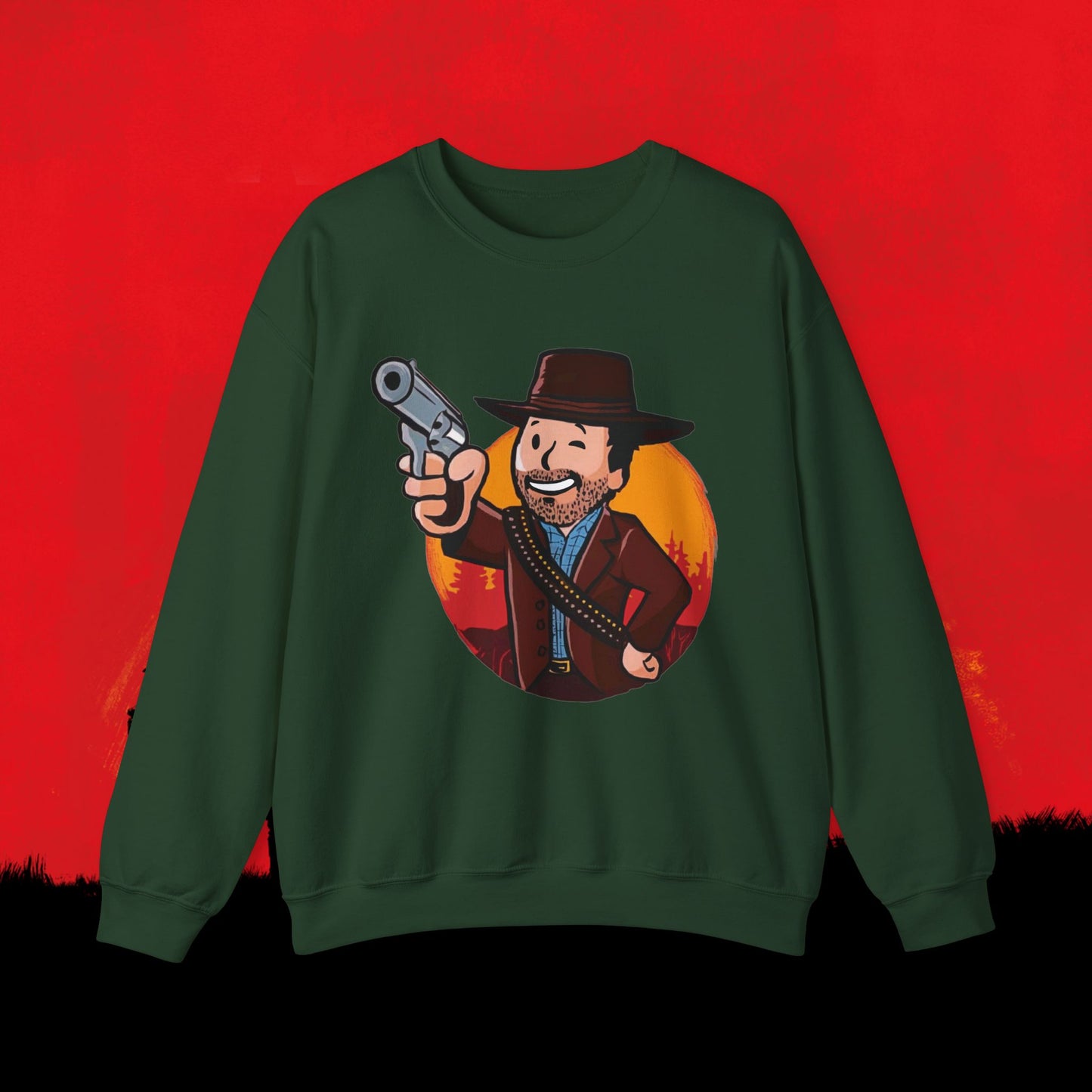 Cowboy Red Dead Redemption Vault Boy Fallout Funny Meme Cartoon Mashup Unisex Heavy Blend Crewneck Sweatshirt Forest Green Sweatshirts Fallout Red Dead Redemption Vault Boy Video Games Printify
