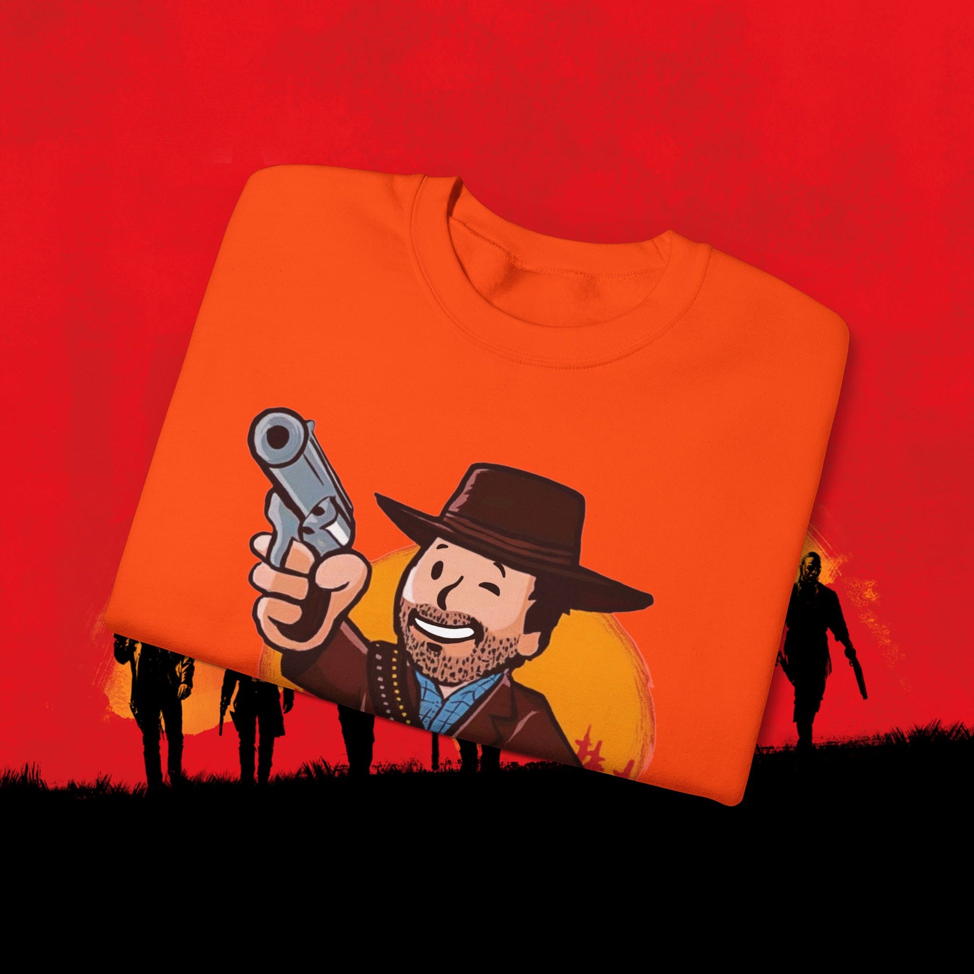 Cowboy Red Dead Redemption Vault Boy Fallout Funny Meme Cartoon Mashup Unisex Heavy Blend Crewneck Sweatshirt Sweatshirts Fallout Red Dead Redemption Vault Boy Video Games Printify