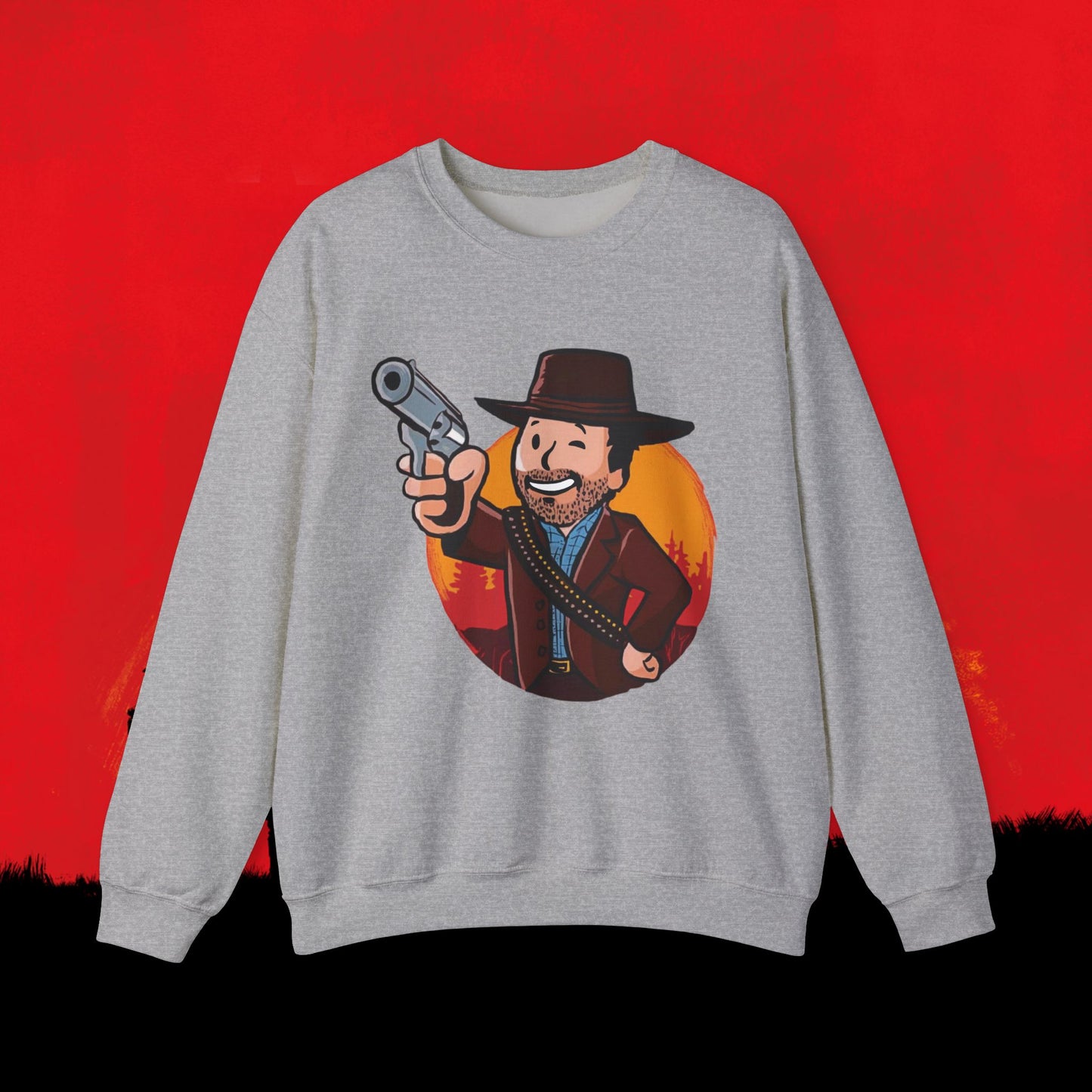 Cowboy Red Dead Redemption Vault Boy Fallout Funny Meme Cartoon Mashup Unisex Heavy Blend Crewneck Sweatshirt Sport Grey Sweatshirts Fallout Red Dead Redemption Vault Boy Video Games Printify