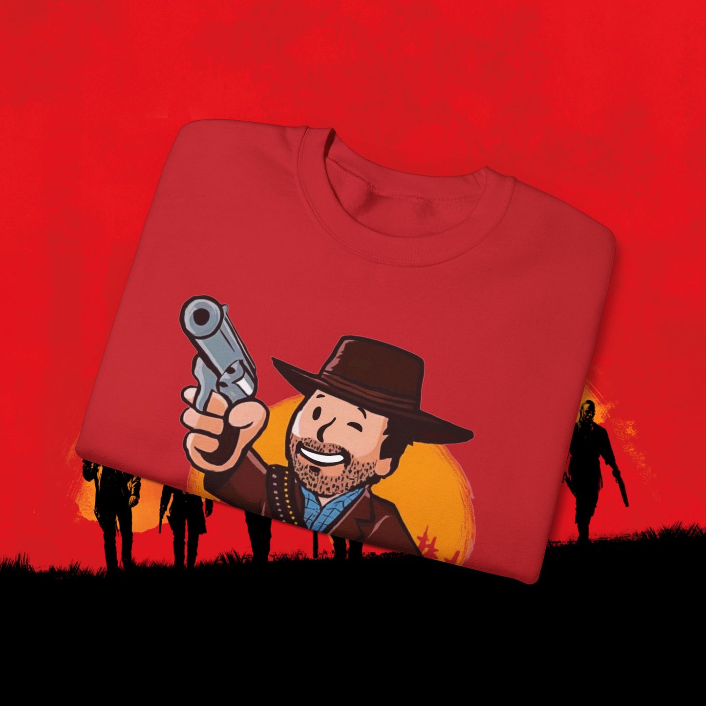 Cowboy Red Dead Redemption Vault Boy Fallout Funny Meme Cartoon Mashup Unisex Heavy Blend Crewneck Sweatshirt Sweatshirts Fallout Red Dead Redemption Vault Boy Video Games Printify