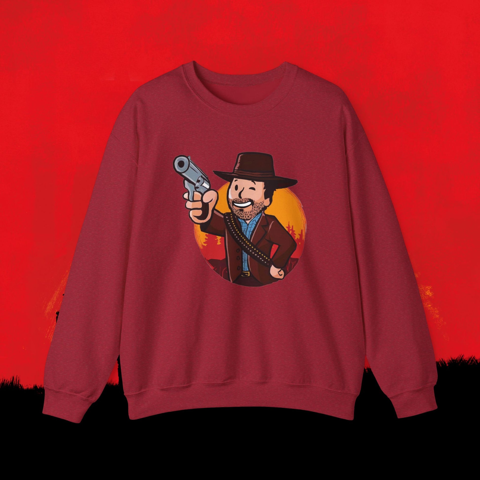 Cowboy Red Dead Redemption Vault Boy Fallout Funny Meme Cartoon Mashup Unisex Heavy Blend Crewneck Sweatshirt Antique Cherry Red Sweatshirts Fallout Red Dead Redemption Vault Boy Video Games Printify
