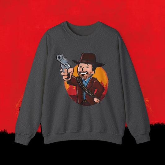 Cowboy Red Dead Redemption Vault Boy Fallout Funny Meme Cartoon Mashup Unisex Heavy Blend Crewneck Sweatshirt Dark Heather Sweatshirts Fallout Red Dead Redemption Vault Boy Video Games Printify
