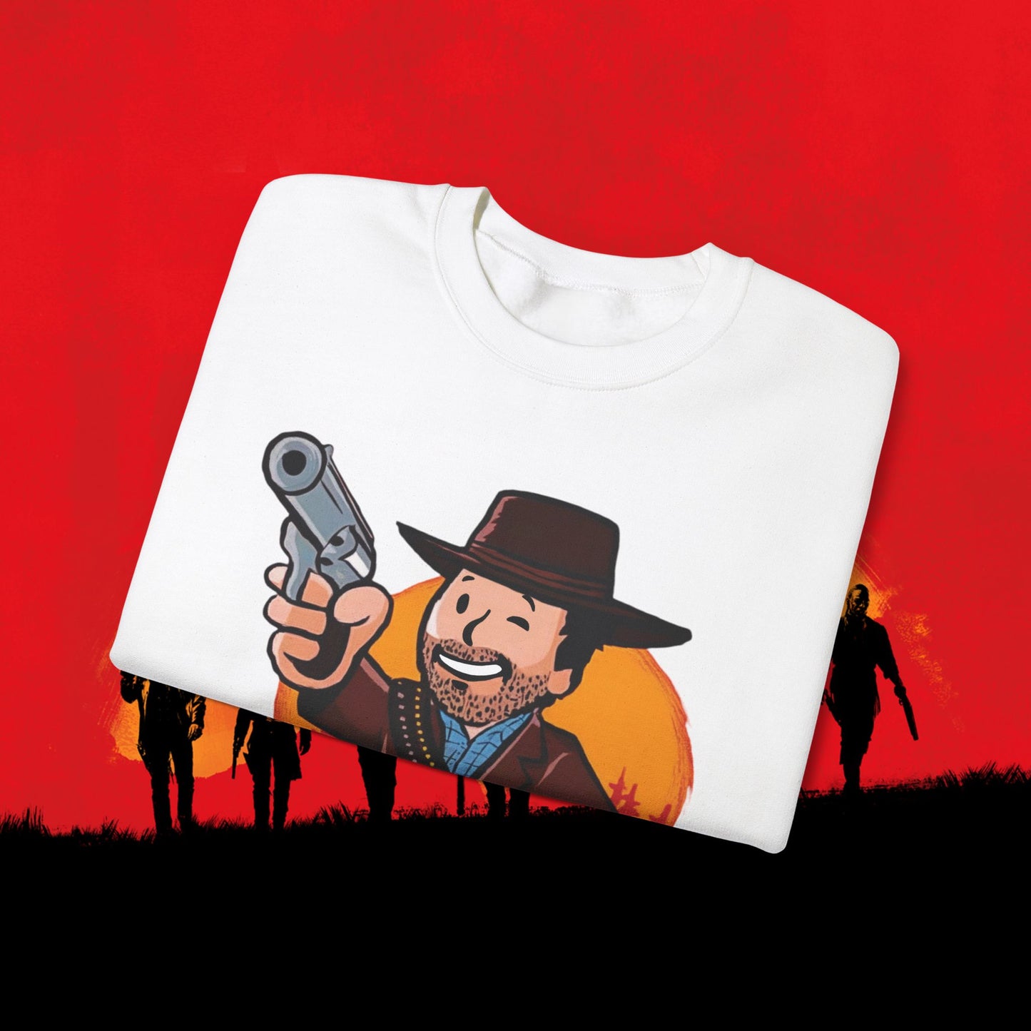 Cowboy Red Dead Redemption Vault Boy Fallout Funny Meme Cartoon Mashup Unisex Heavy Blend Crewneck Sweatshirt Sweatshirts Fallout Red Dead Redemption Vault Boy Video Games Printify