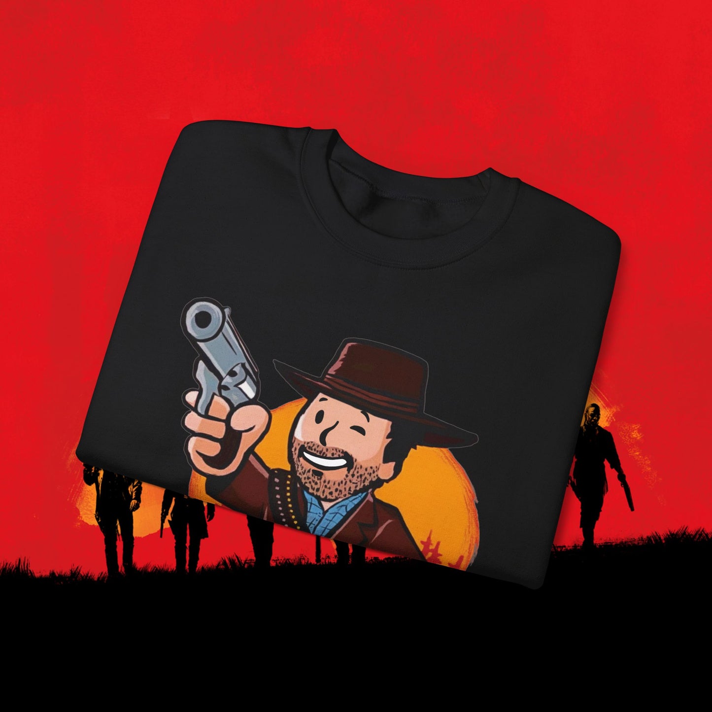 Cowboy Red Dead Redemption Vault Boy Fallout Funny Meme Cartoon Mashup Unisex Heavy Blend Crewneck Sweatshirt Sweatshirts Fallout Red Dead Redemption Vault Boy Video Games Printify