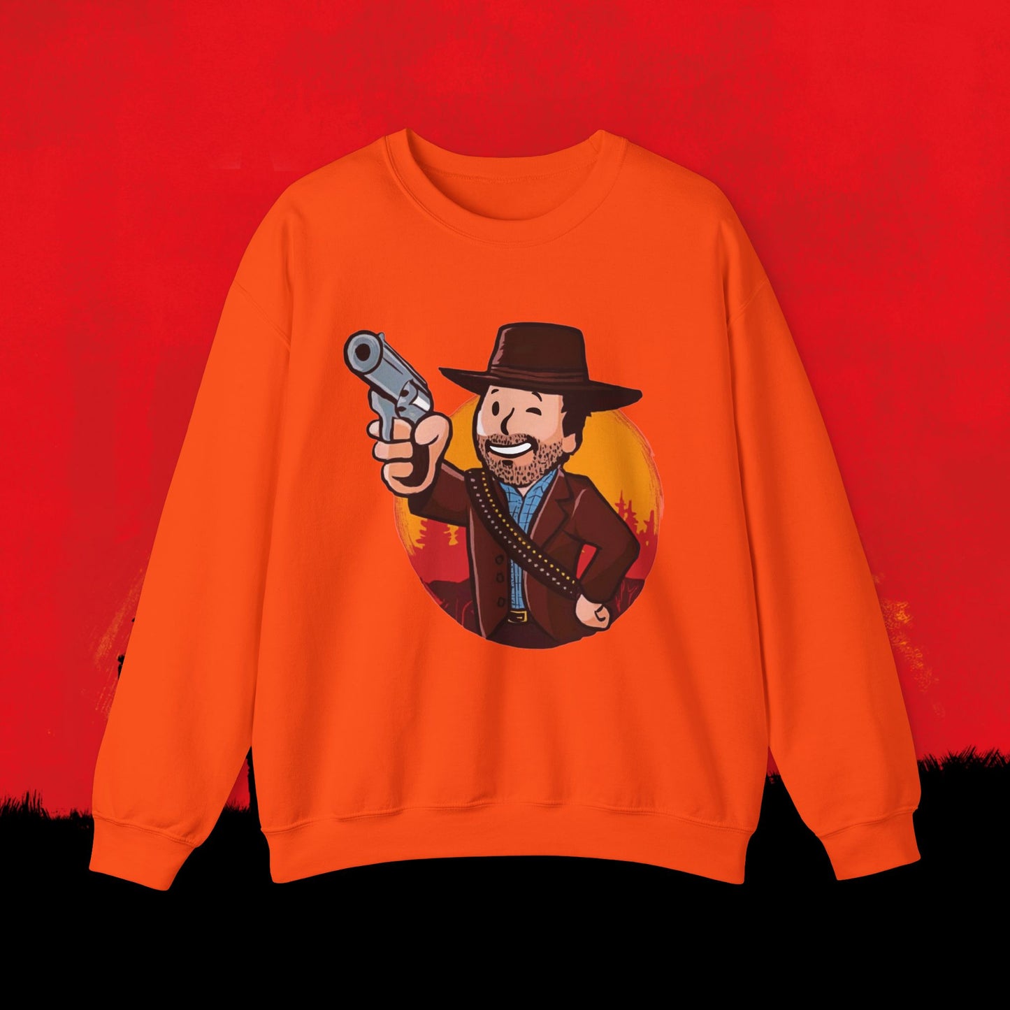 Cowboy Red Dead Redemption Vault Boy Fallout Funny Meme Cartoon Mashup Unisex Heavy Blend Crewneck Sweatshirt Orange Sweatshirts Fallout Red Dead Redemption Vault Boy Video Games Printify
