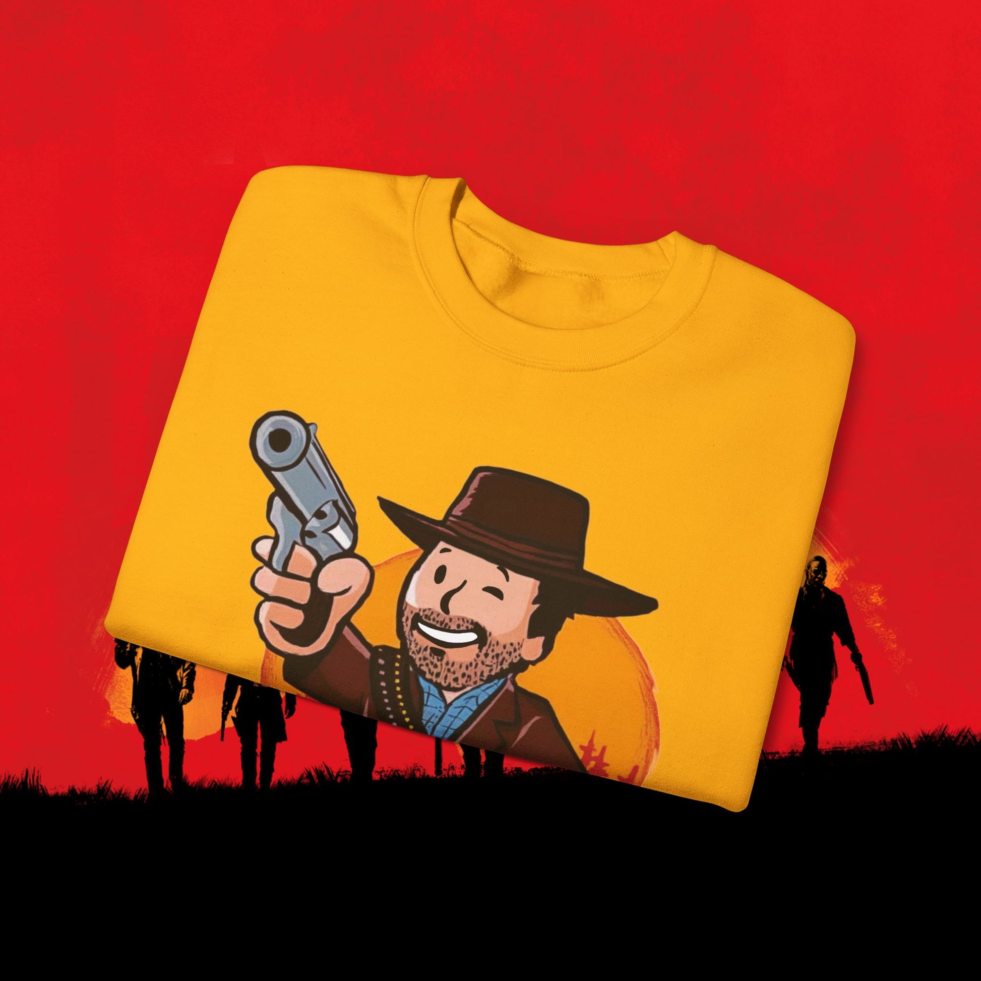 Cowboy Red Dead Redemption Vault Boy Fallout Funny Meme Cartoon Mashup Unisex Heavy Blend Crewneck Sweatshirt Sweatshirts Fallout Red Dead Redemption Vault Boy Video Games Printify