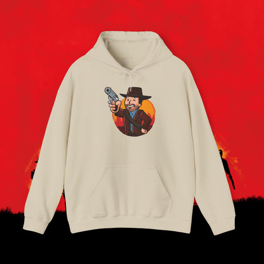 Cowboy Red Dead Redemption Vault Boy Fallout Funny Meme Cartoon Mashup Unisex Heavy Blend Hooded Sweatshirt Sand Sweatshirts Fallout Red Dead Redemption Vault Boy Video Games Printify