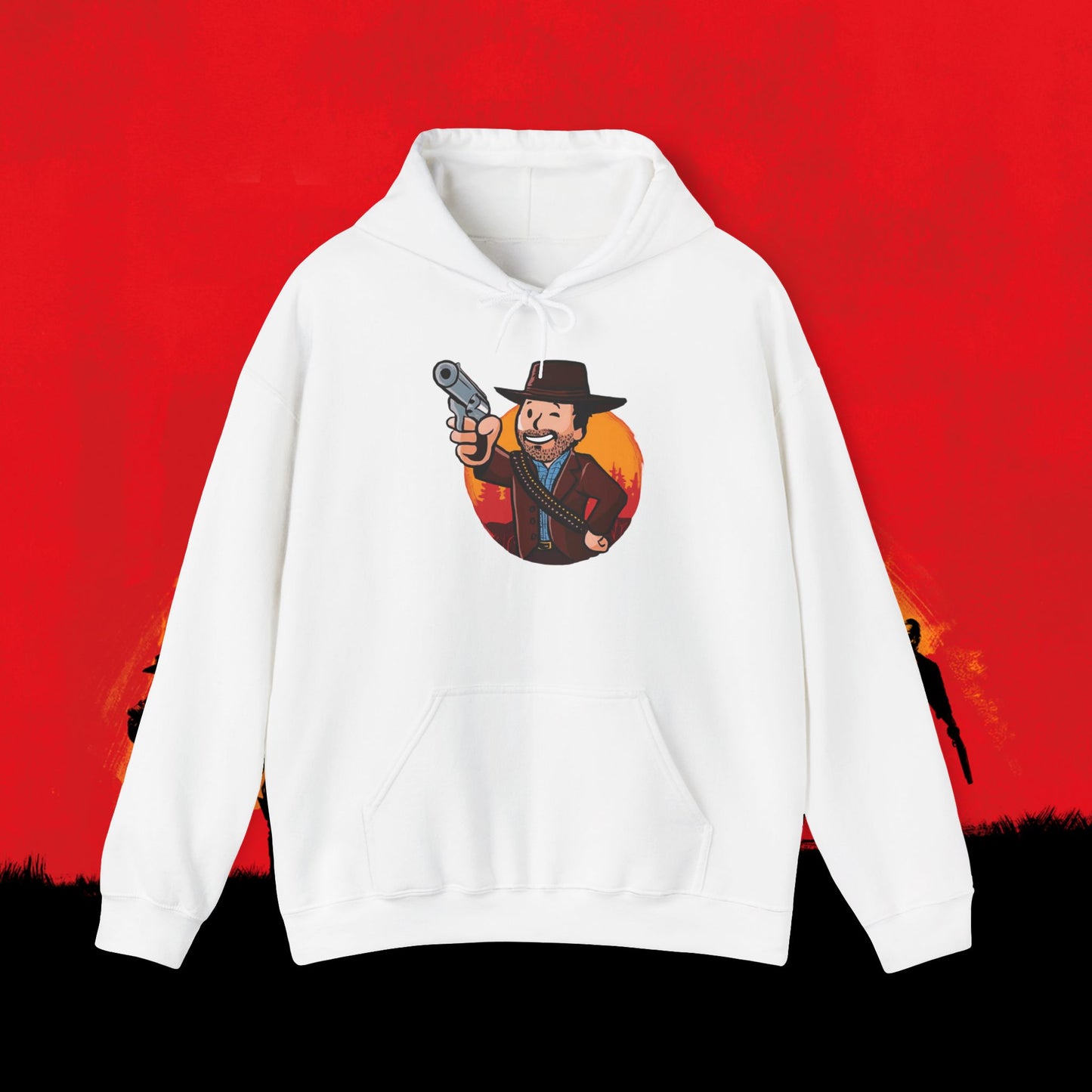 Cowboy Red Dead Redemption Vault Boy Fallout Funny Meme Cartoon Mashup Unisex Heavy Blend Hooded Sweatshirt White L Sweatshirts Fallout Red Dead Redemption Vault Boy Video Games Printify