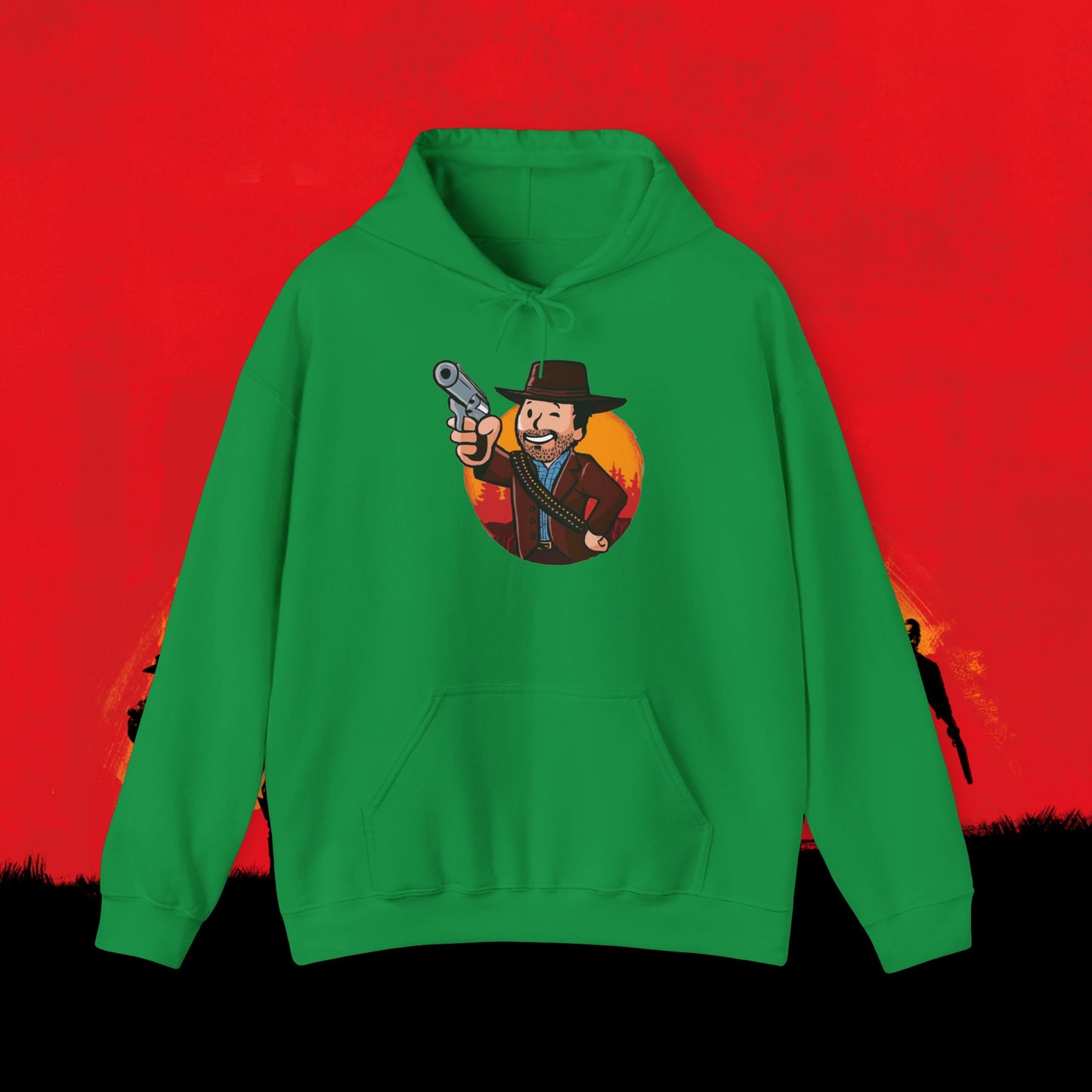 Cowboy Red Dead Redemption Vault Boy Fallout Funny Meme Cartoon Mashup Unisex Heavy Blend Hooded Sweatshirt Irish Green Sweatshirts Fallout Red Dead Redemption Vault Boy Video Games Printify