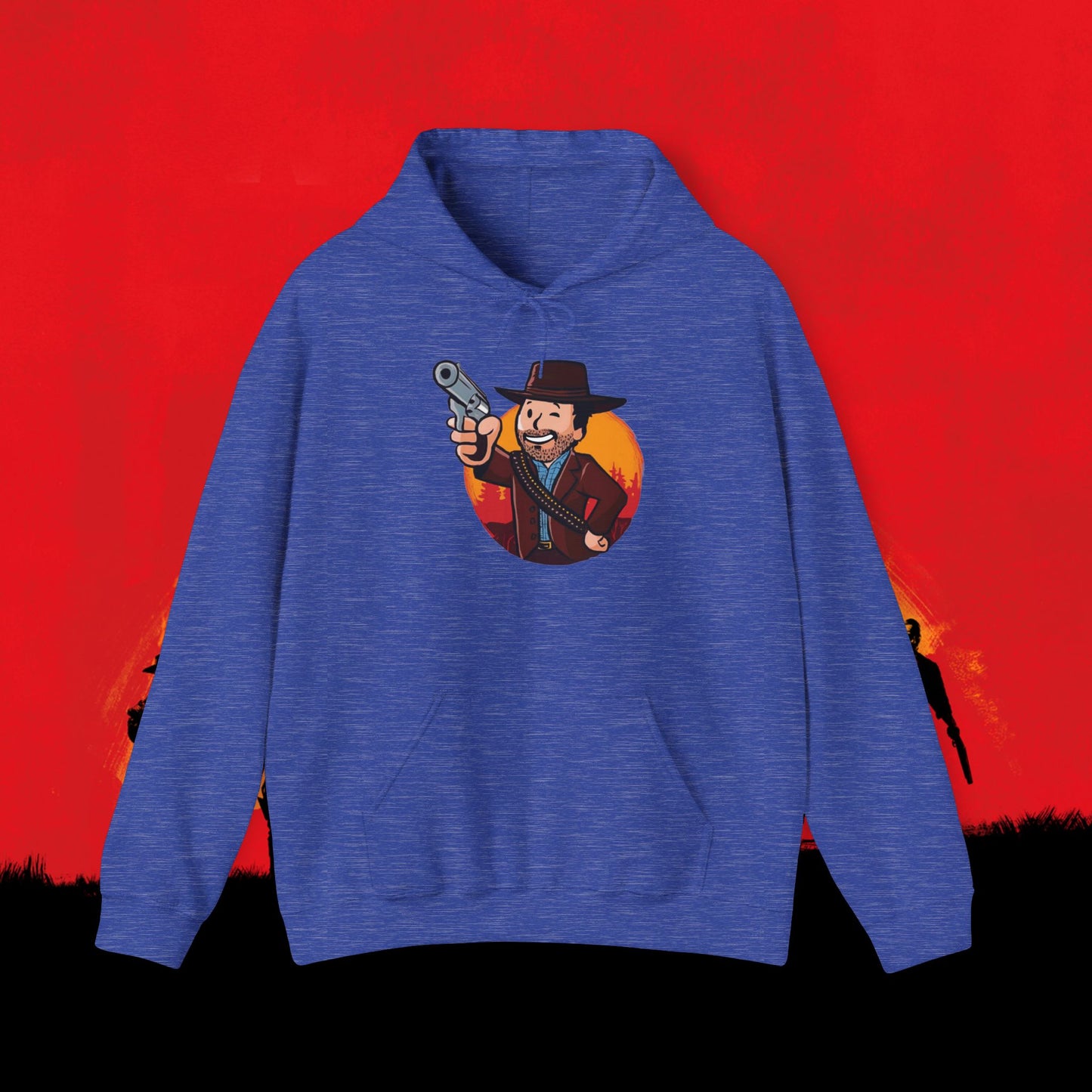 Cowboy Red Dead Redemption Vault Boy Fallout Funny Meme Cartoon Mashup Unisex Heavy Blend Hooded Sweatshirt Heather Sport Royal Sweatshirts Fallout Red Dead Redemption Vault Boy Video Games Printify