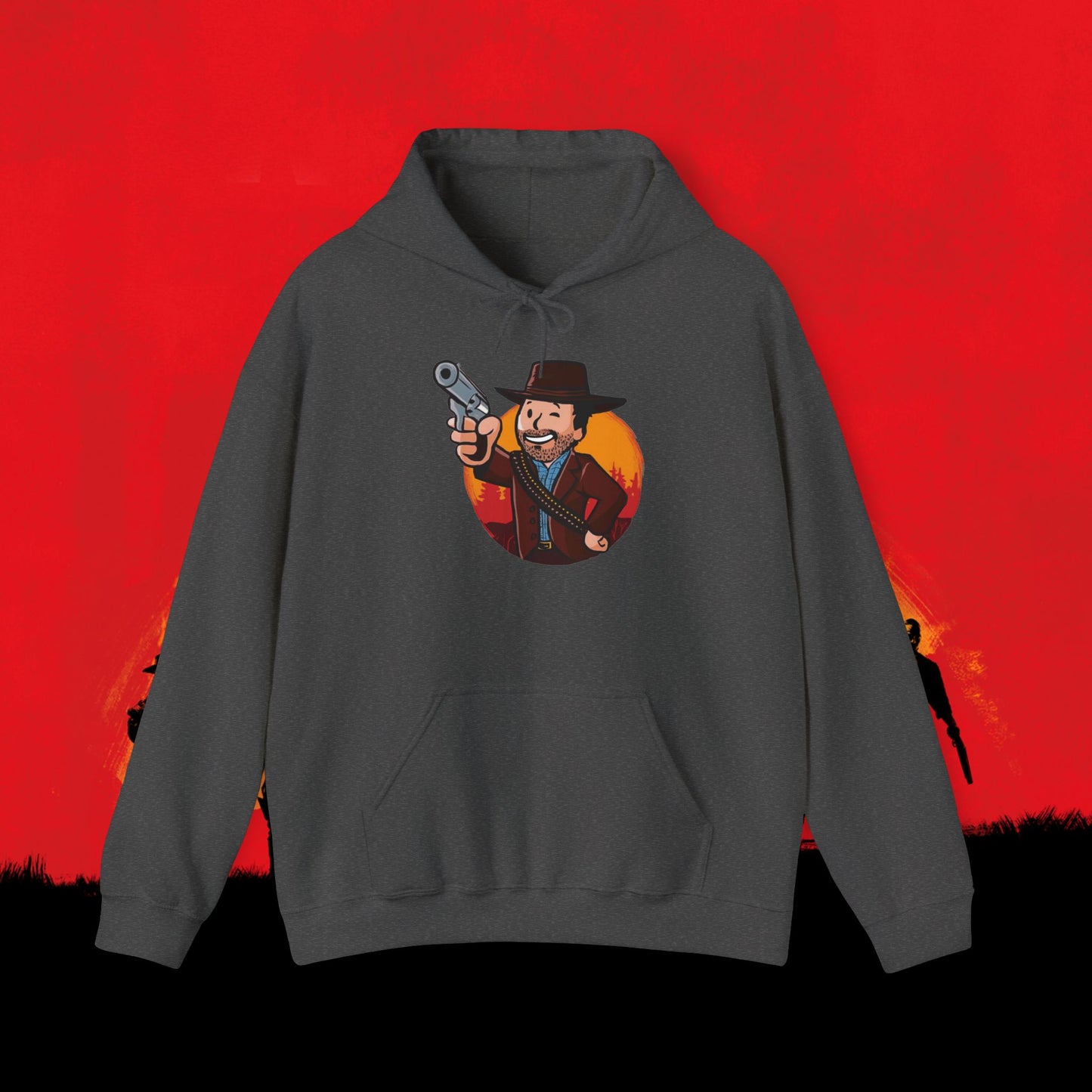 Cowboy Red Dead Redemption Vault Boy Fallout Funny Meme Cartoon Mashup Unisex Heavy Blend Hooded Sweatshirt Dark Heather Sweatshirts Fallout Red Dead Redemption Vault Boy Video Games Printify
