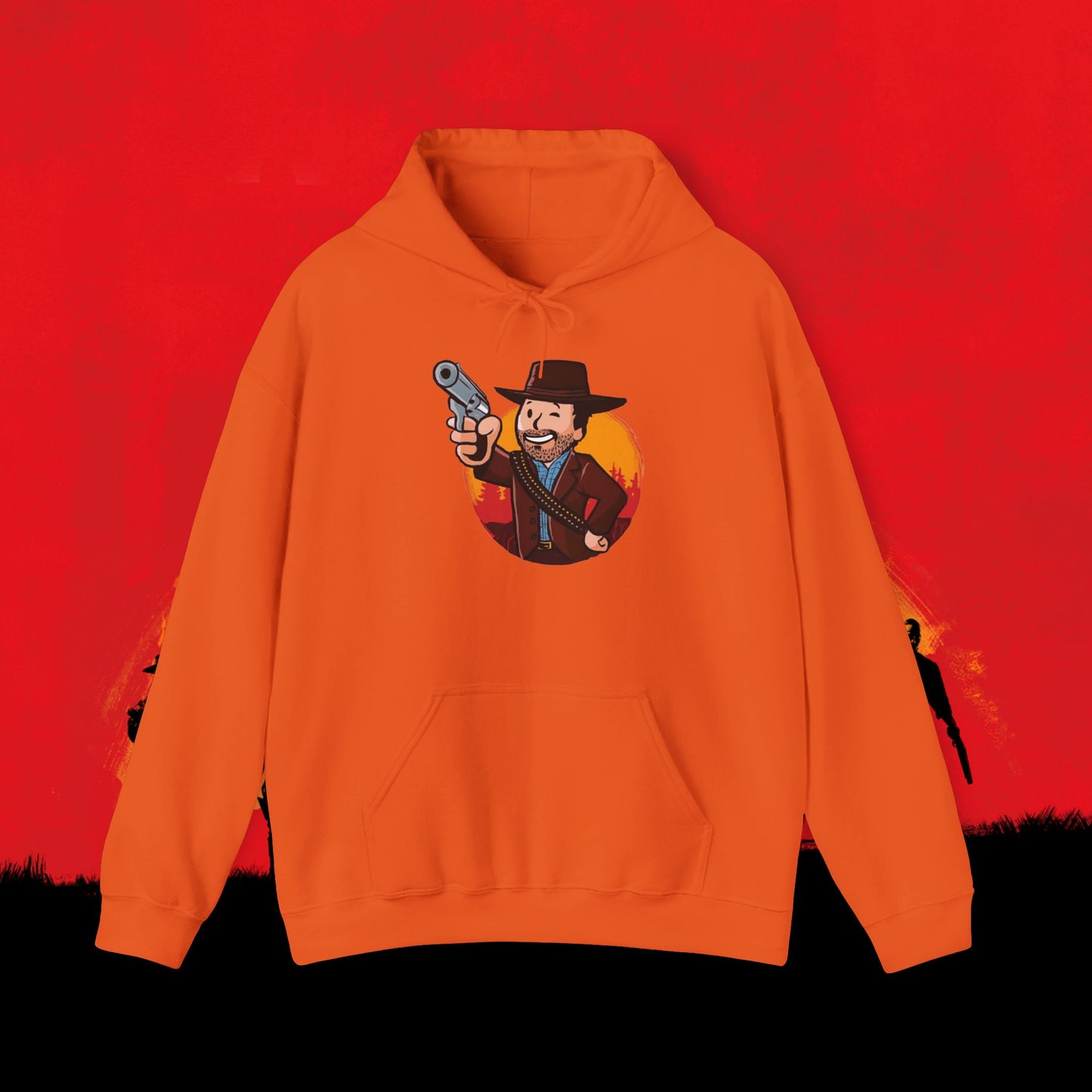 Cowboy Red Dead Redemption Vault Boy Fallout Funny Meme Cartoon Mashup Unisex Heavy Blend Hooded Sweatshirt Orange Sweatshirts Fallout Red Dead Redemption Vault Boy Video Games Printify