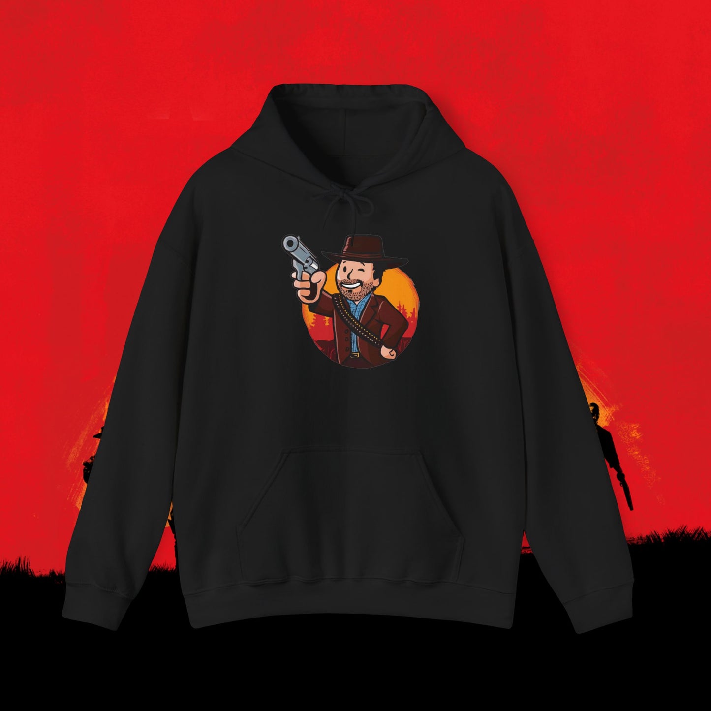 Cowboy Red Dead Redemption Vault Boy Fallout Funny Meme Cartoon Mashup Unisex Heavy Blend Hooded Sweatshirt Black Sweatshirts Fallout Red Dead Redemption Vault Boy Video Games Printify