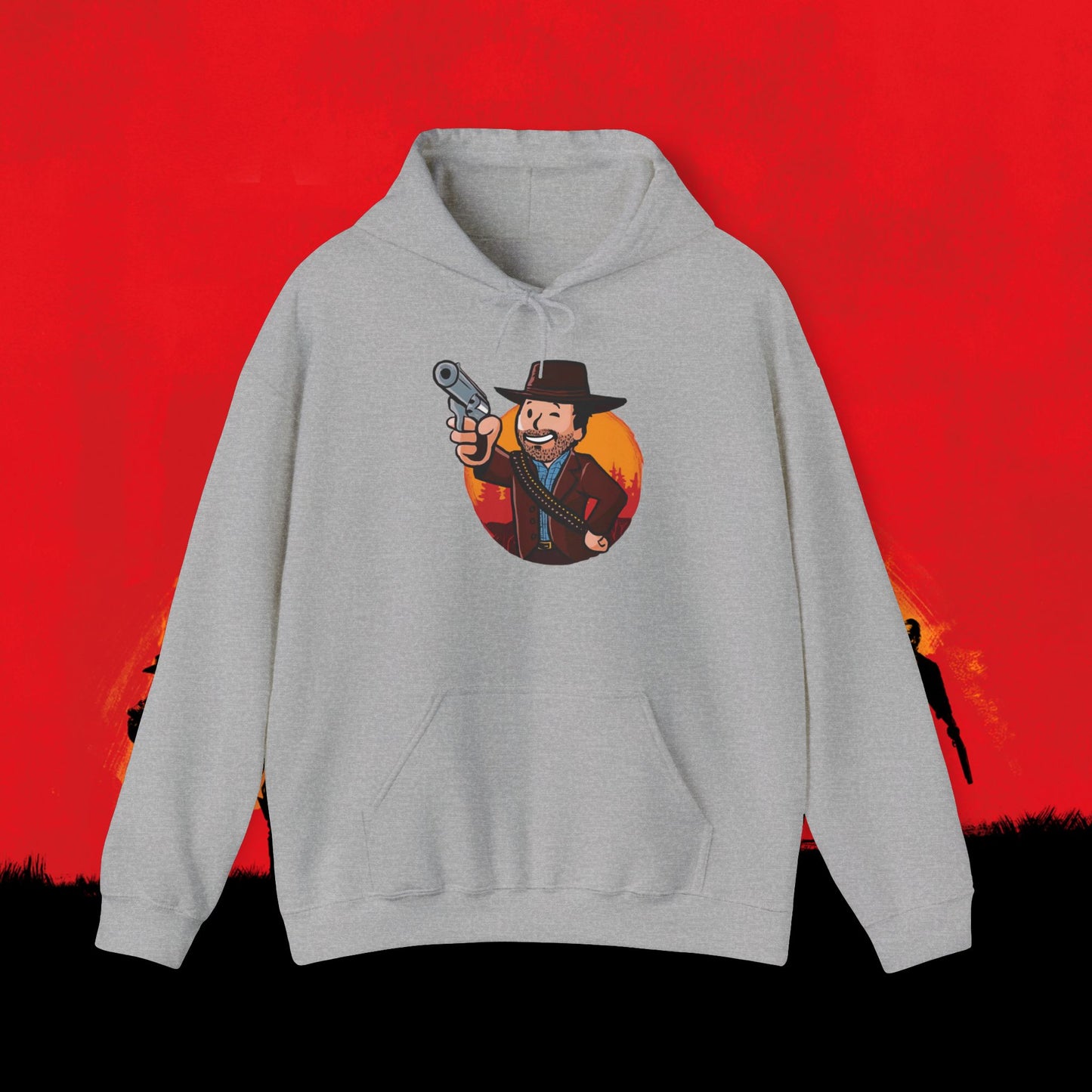 Cowboy Red Dead Redemption Vault Boy Fallout Funny Meme Cartoon Mashup Unisex Heavy Blend Hooded Sweatshirt Sport Grey Sweatshirts Fallout Red Dead Redemption Vault Boy Video Games Printify