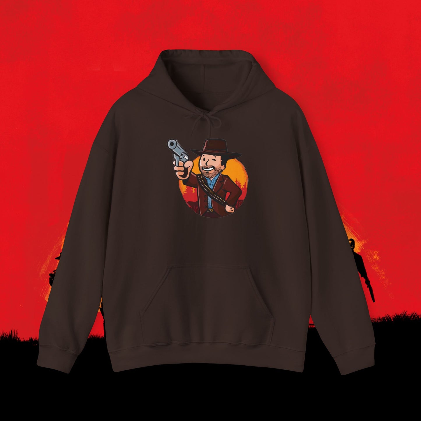Cowboy Red Dead Redemption Vault Boy Fallout Funny Meme Cartoon Mashup Unisex Heavy Blend Hooded Sweatshirt Dark Chocolate Sweatshirts Fallout Red Dead Redemption Vault Boy Video Games Printify