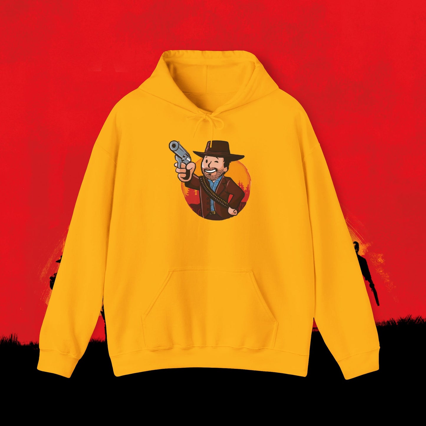 Cowboy Red Dead Redemption Vault Boy Fallout Funny Meme Cartoon Mashup Unisex Heavy Blend Hooded Sweatshirt Gold Sweatshirts Fallout Red Dead Redemption Vault Boy Video Games Printify