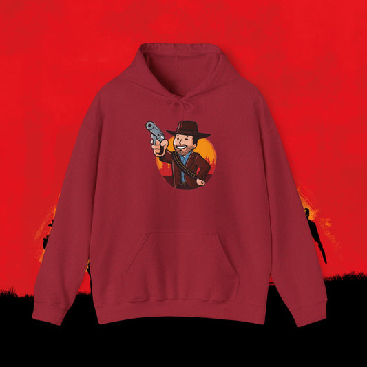 Cowboy Red Dead Redemption Vault Boy Fallout Funny Meme Cartoon Mashup Unisex Heavy Blend Hooded Sweatshirt Antique Cherry Red Sweatshirts Fallout Red Dead Redemption Vault Boy Video Games Printify