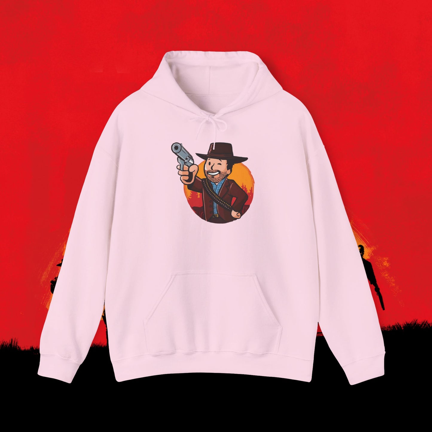 Cowboy Red Dead Redemption Vault Boy Fallout Funny Meme Cartoon Mashup Unisex Heavy Blend Hooded Sweatshirt Light Pink Sweatshirts Fallout Red Dead Redemption Vault Boy Video Games Printify