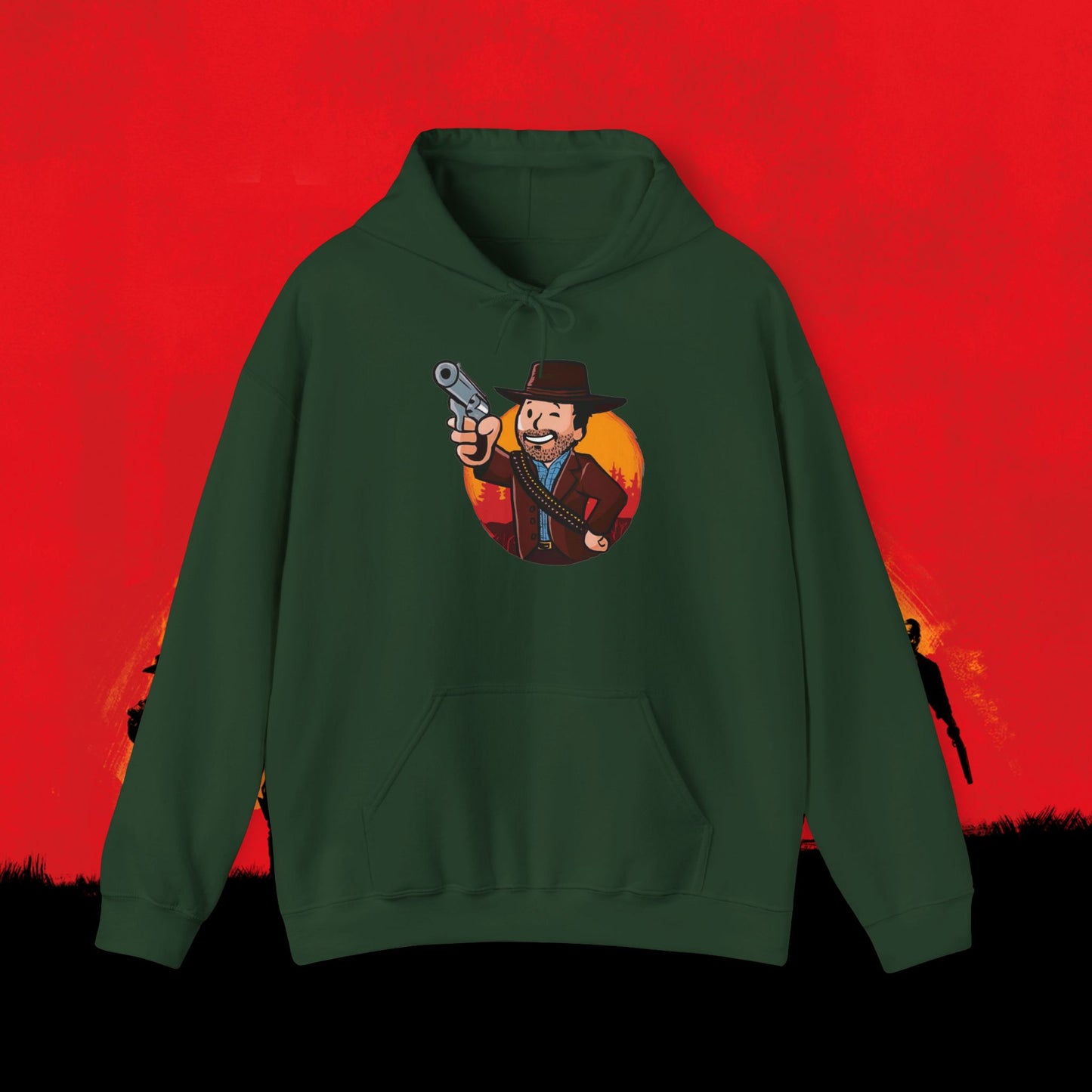 Cowboy Red Dead Redemption Vault Boy Fallout Funny Meme Cartoon Mashup Unisex Heavy Blend Hooded Sweatshirt Forest Green Sweatshirts Fallout Red Dead Redemption Vault Boy Video Games Printify