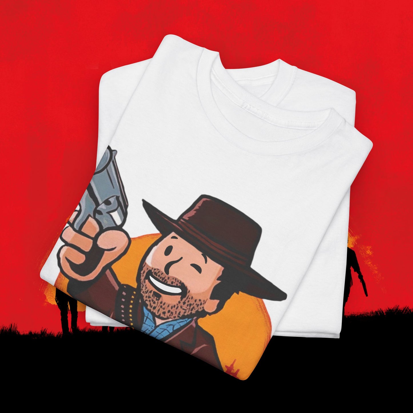 Cowboy Red Dead Redemption Vault Boy Fallout Funny Meme Cartoon Mashup Unisex Heavy Cotton Tee T-shirts Fallout Red Dead Redemption Vault Boy Video Games Printify