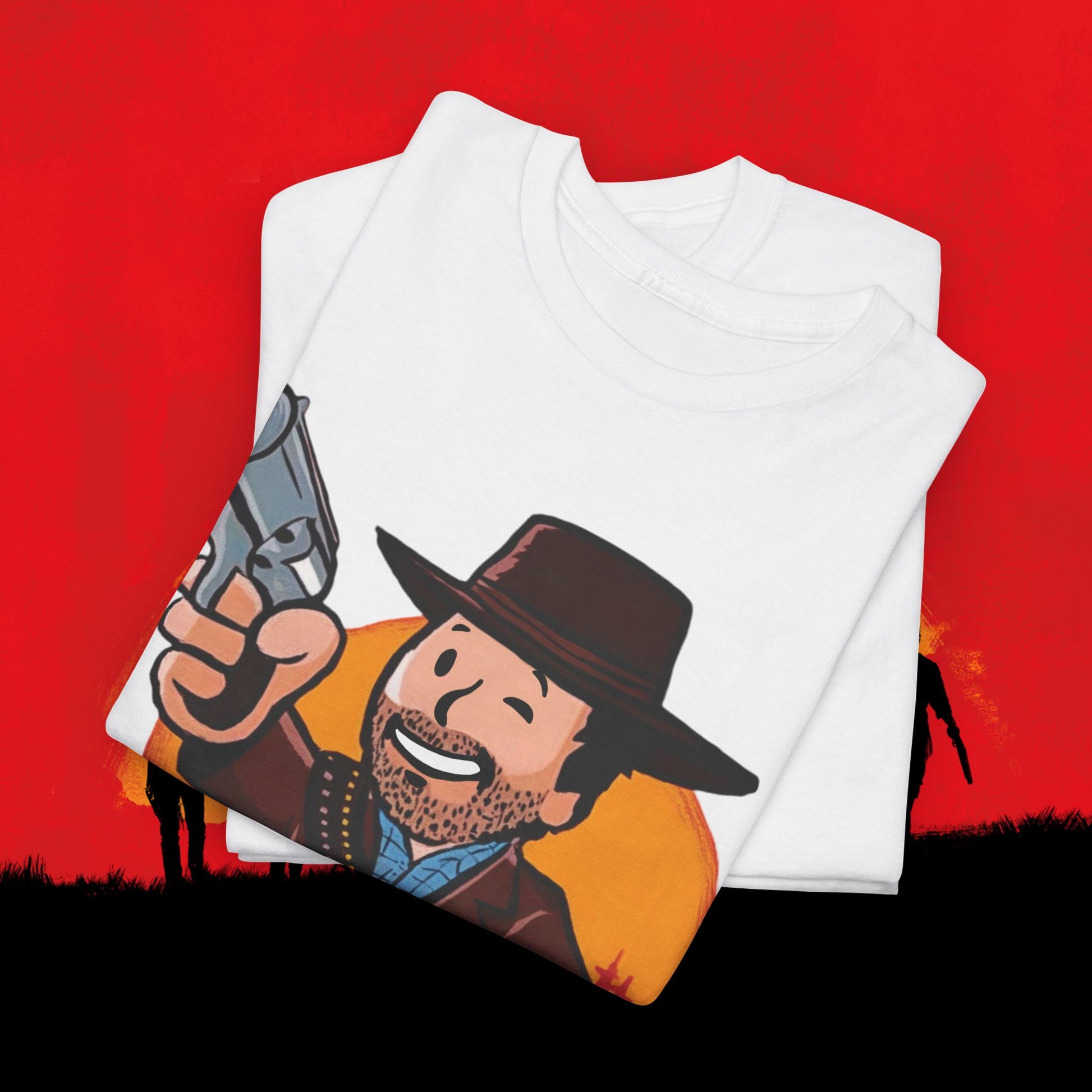 Cowboy Red Dead Redemption Vault Boy Fallout Funny Meme Cartoon Mashup Unisex Heavy Cotton Tee T-shirts Fallout Red Dead Redemption Vault Boy Video Games Printify