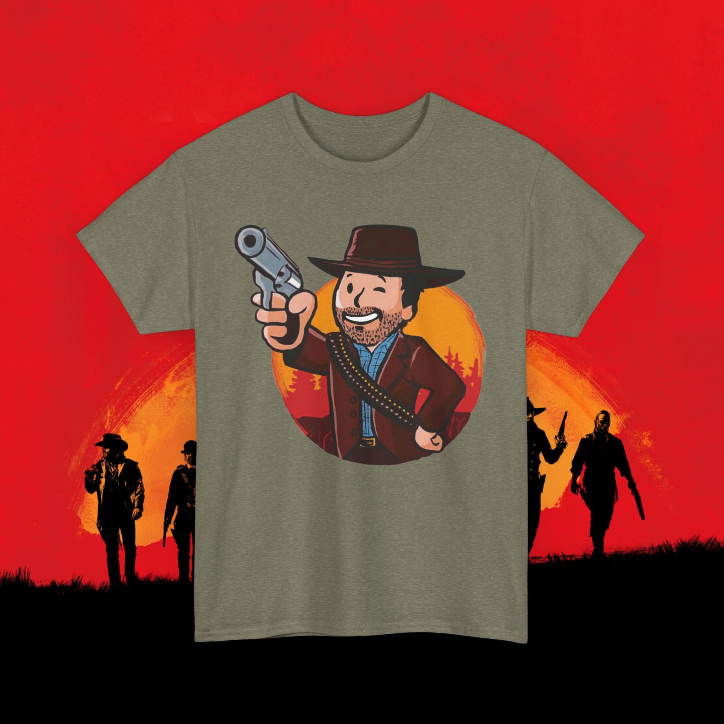 Cowboy Red Dead Redemption Vault Boy Fallout Funny Meme Cartoon Mashup Unisex Heavy Cotton Tee Heather Military Green T-shirts Fallout Red Dead Redemption Vault Boy Video Games Printify
