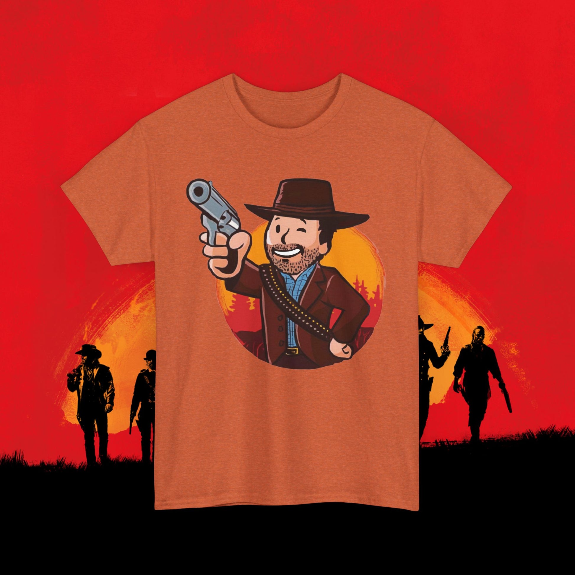 Cowboy Red Dead Redemption Vault Boy Fallout Funny Meme Cartoon Mashup Unisex Heavy Cotton Tee Antique Orange T-shirts Fallout Red Dead Redemption Vault Boy Video Games Printify