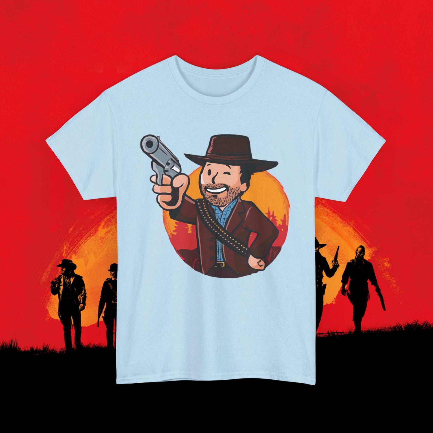 Cowboy Red Dead Redemption Vault Boy Fallout Funny Meme Cartoon Mashup Unisex Heavy Cotton Tee Light Blue T-shirts Fallout Red Dead Redemption Vault Boy Video Games Printify