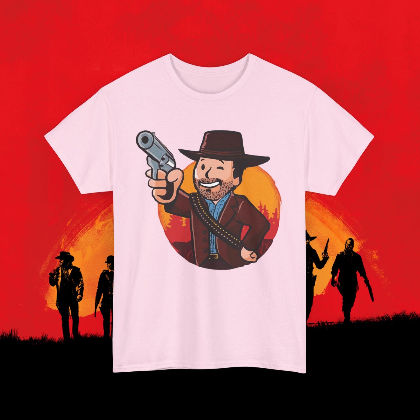 Cowboy Red Dead Redemption Vault Boy Fallout Funny Meme Cartoon Mashup Unisex Heavy Cotton Tee Light Pink T-shirts Fallout Red Dead Redemption Vault Boy Video Games Printify
