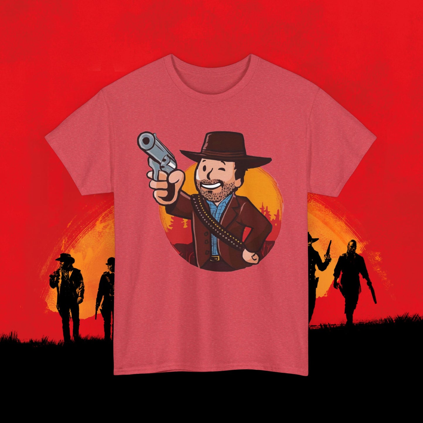 Cowboy Red Dead Redemption Vault Boy Fallout Funny Meme Cartoon Mashup Unisex Heavy Cotton Tee Heather Red T-shirts Fallout Red Dead Redemption Vault Boy Video Games Printify