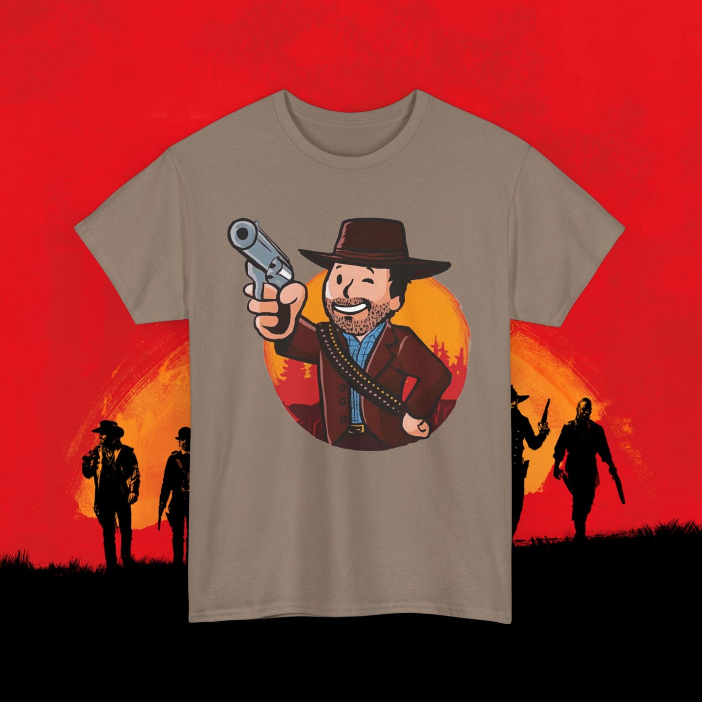 Cowboy Red Dead Redemption Vault Boy Fallout Funny Meme Cartoon Mashup Unisex Heavy Cotton Tee Brown Savana T-shirts Fallout Red Dead Redemption Vault Boy Video Games Printify