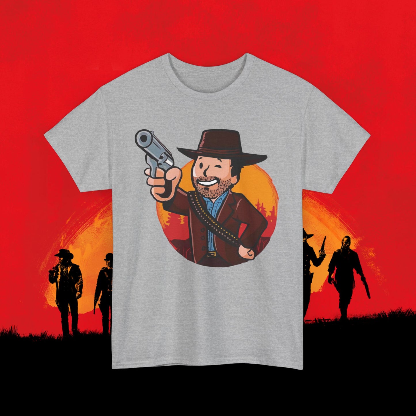 Cowboy Red Dead Redemption Vault Boy Fallout Funny Meme Cartoon Mashup Unisex Heavy Cotton Tee Sport Grey T-shirts Fallout Red Dead Redemption Vault Boy Video Games Printify