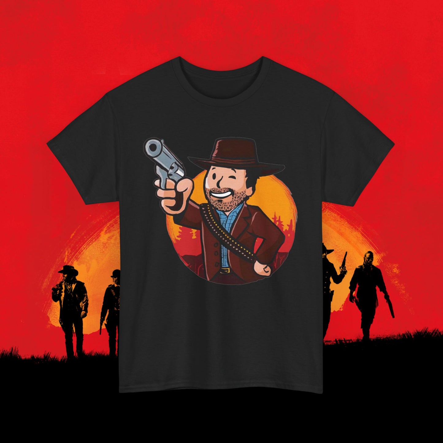 Cowboy Red Dead Redemption Vault Boy Fallout Funny Meme Cartoon Mashup Unisex Heavy Cotton Tee Black T-shirts Fallout Red Dead Redemption Vault Boy Video Games Printify
