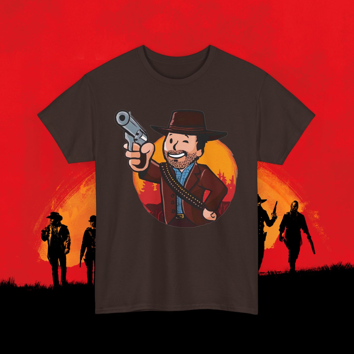 Cowboy Red Dead Redemption Vault Boy Fallout Funny Meme Cartoon Mashup Unisex Heavy Cotton Tee Dark Chocolate T-shirts Fallout Red Dead Redemption Vault Boy Video Games Printify
