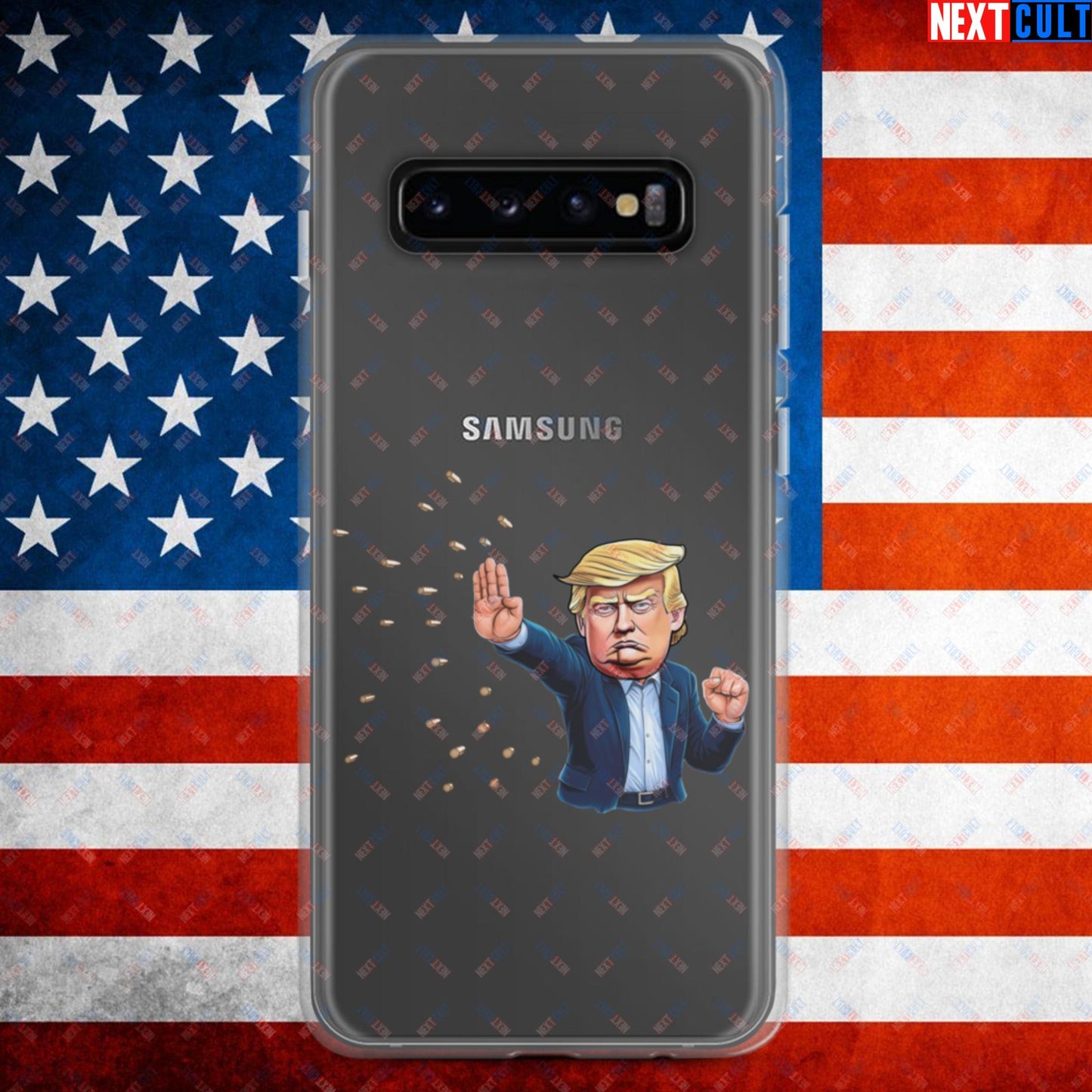 Donald Trump Shooting Assassination Attempt Funny Republican Politics Matrix Parody Clear Case for Samsung Samsung Galaxy S10+ Mobile Phone Cases Conspiracy Theories Donald Trump Politics Republicans Next Cult Brand