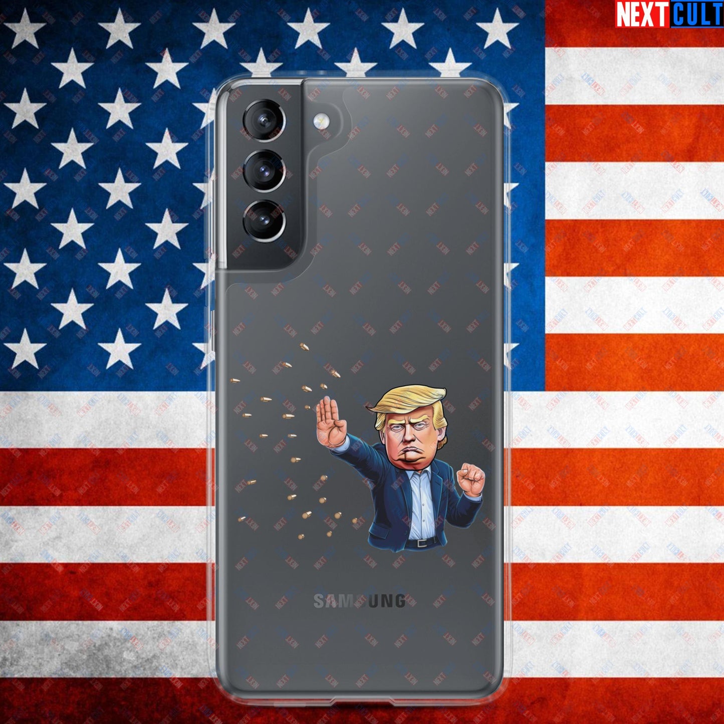 Donald Trump Shooting Assassination Attempt Funny Republican Politics Matrix Parody Clear Case for Samsung Samsung Galaxy S21 Mobile Phone Cases Conspiracy Theories Donald Trump Politics Republicans Next Cult Brand