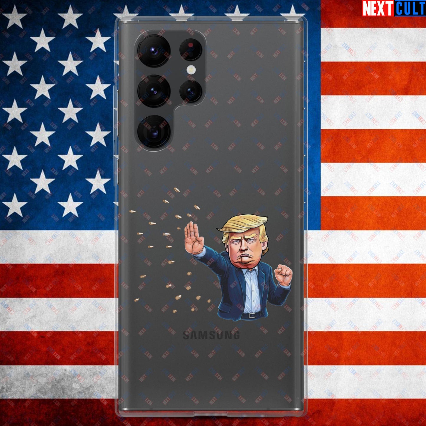 Donald Trump Shooting Assassination Attempt Funny Republican Politics Matrix Parody Clear Case for Samsung Samsung Galaxy S22 Ultra Mobile Phone Cases Conspiracy Theories Donald Trump Politics Republicans Next Cult Brand