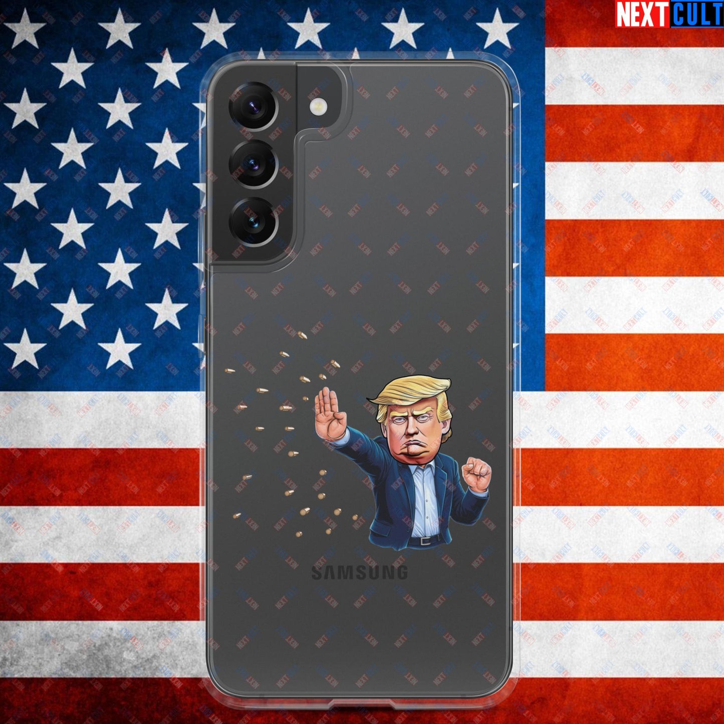 Donald Trump Shooting Assassination Attempt Funny Republican Politics Matrix Parody Clear Case for Samsung Samsung Galaxy S22 Plus Mobile Phone Cases Conspiracy Theories Donald Trump Politics Republicans Next Cult Brand