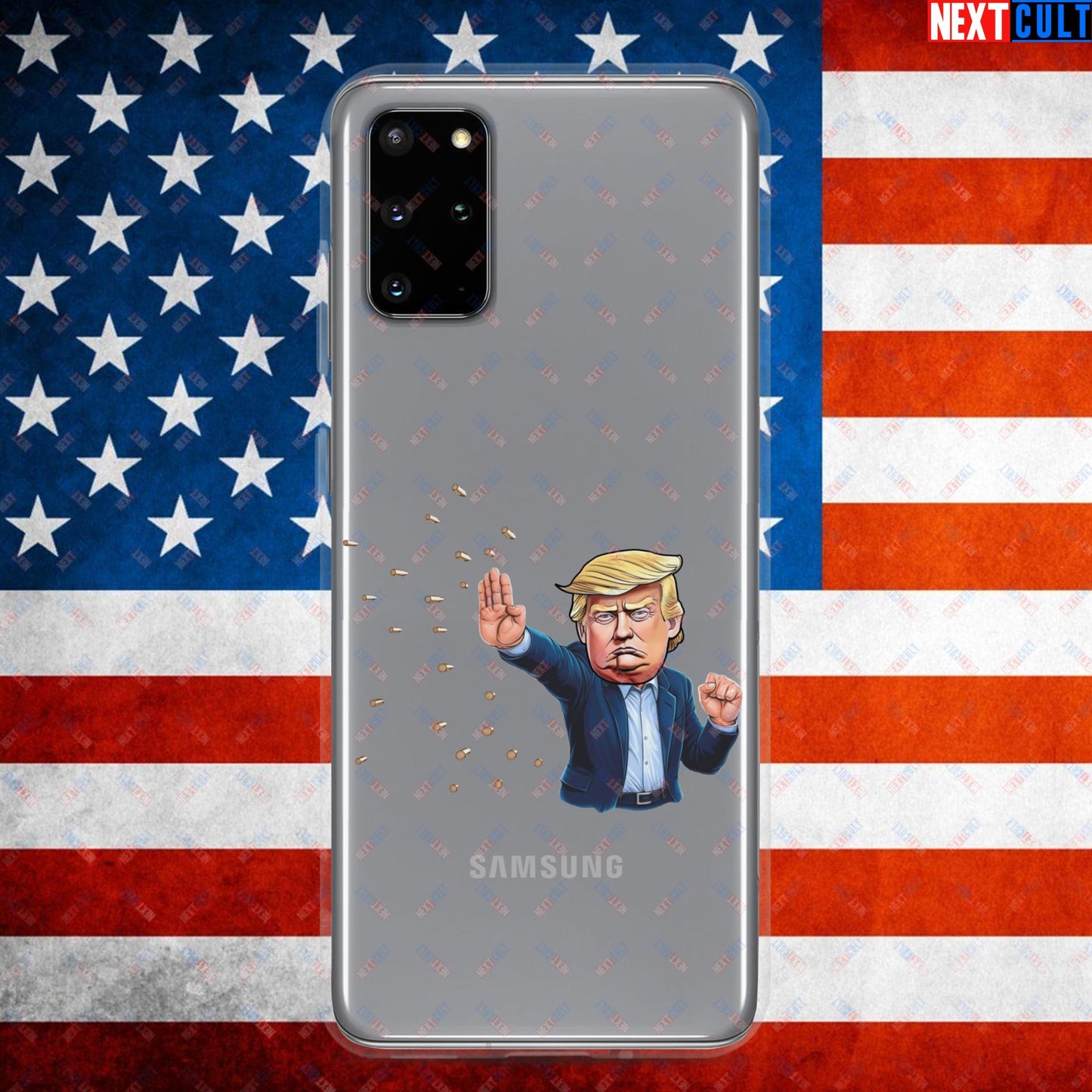 Donald Trump Shooting Assassination Attempt Funny Republican Politics Matrix Parody Clear Case for Samsung Samsung Galaxy S20 Plus Mobile Phone Cases Conspiracy Theories Donald Trump Politics Republicans Next Cult Brand