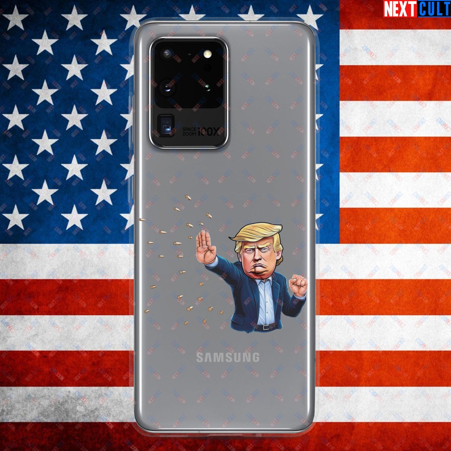 Donald Trump Shooting Assassination Attempt Funny Republican Politics Matrix Parody Clear Case for Samsung Samsung Galaxy S20 Ultra Mobile Phone Cases Conspiracy Theories Donald Trump Politics Republicans Next Cult Brand