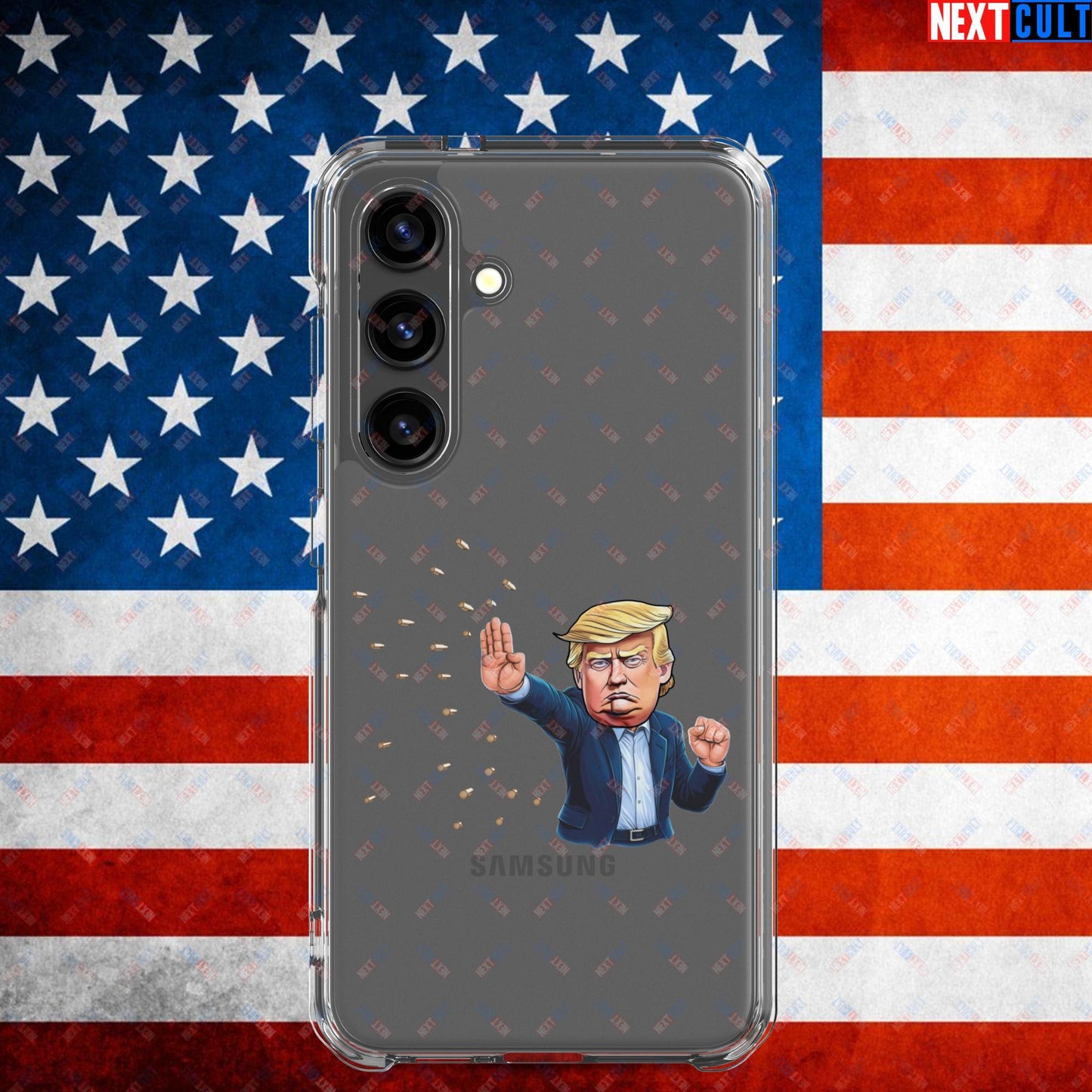 Donald Trump Shooting Assassination Attempt Funny Republican Politics Matrix Parody Clear Case for Samsung Samsung Galaxy S24 Mobile Phone Cases Conspiracy Theories Donald Trump Politics Republicans Next Cult Brand
