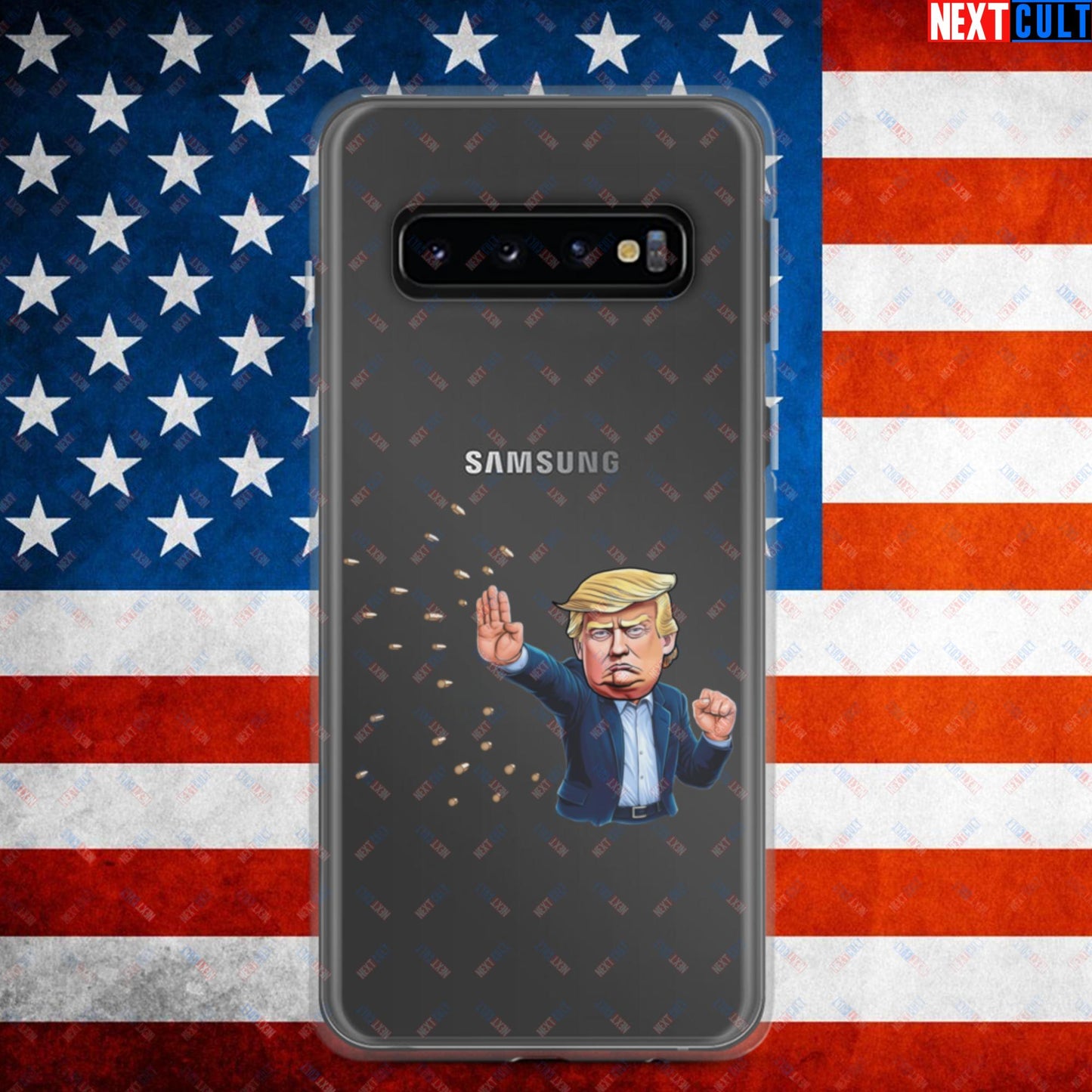 Donald Trump Shooting Assassination Attempt Funny Republican Politics Matrix Parody Clear Case for Samsung Samsung Galaxy S10 Mobile Phone Cases Conspiracy Theories Donald Trump Politics Republicans Next Cult Brand