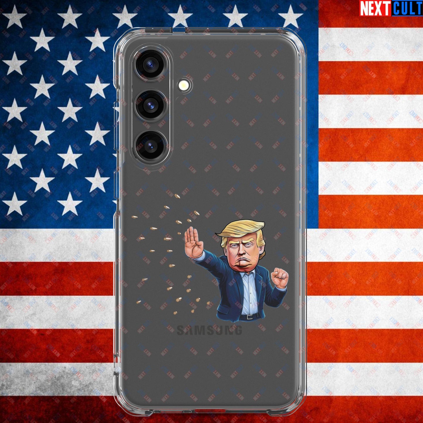Donald Trump Shooting Assassination Attempt Funny Republican Politics Matrix Parody Clear Case for Samsung Samsung Galaxy S24 Plus Mobile Phone Cases Conspiracy Theories Donald Trump Politics Republicans Next Cult Brand