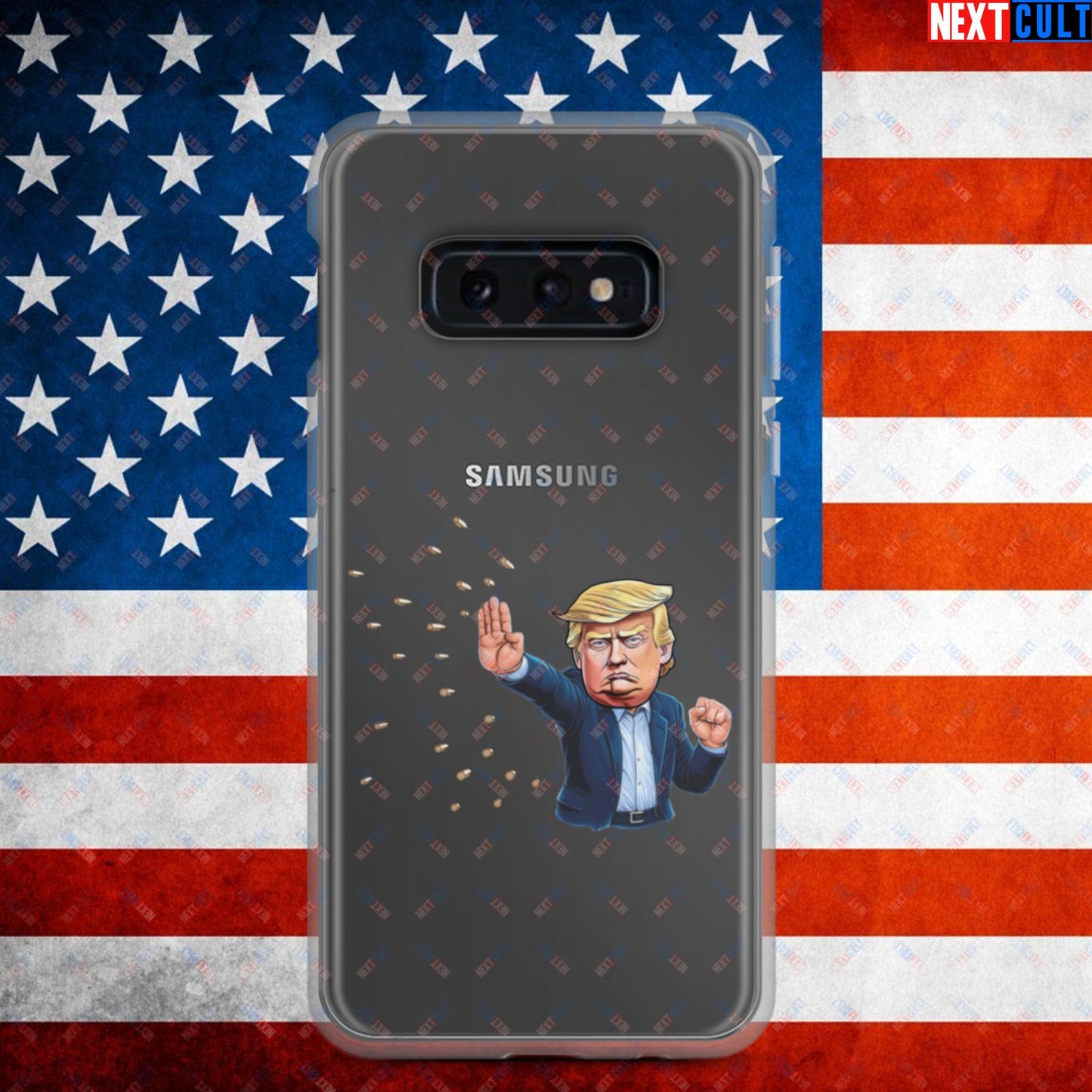Donald Trump Shooting Assassination Attempt Funny Republican Politics Matrix Parody Clear Case for Samsung Samsung Galaxy S10e Mobile Phone Cases Conspiracy Theories Donald Trump Politics Republicans Next Cult Brand
