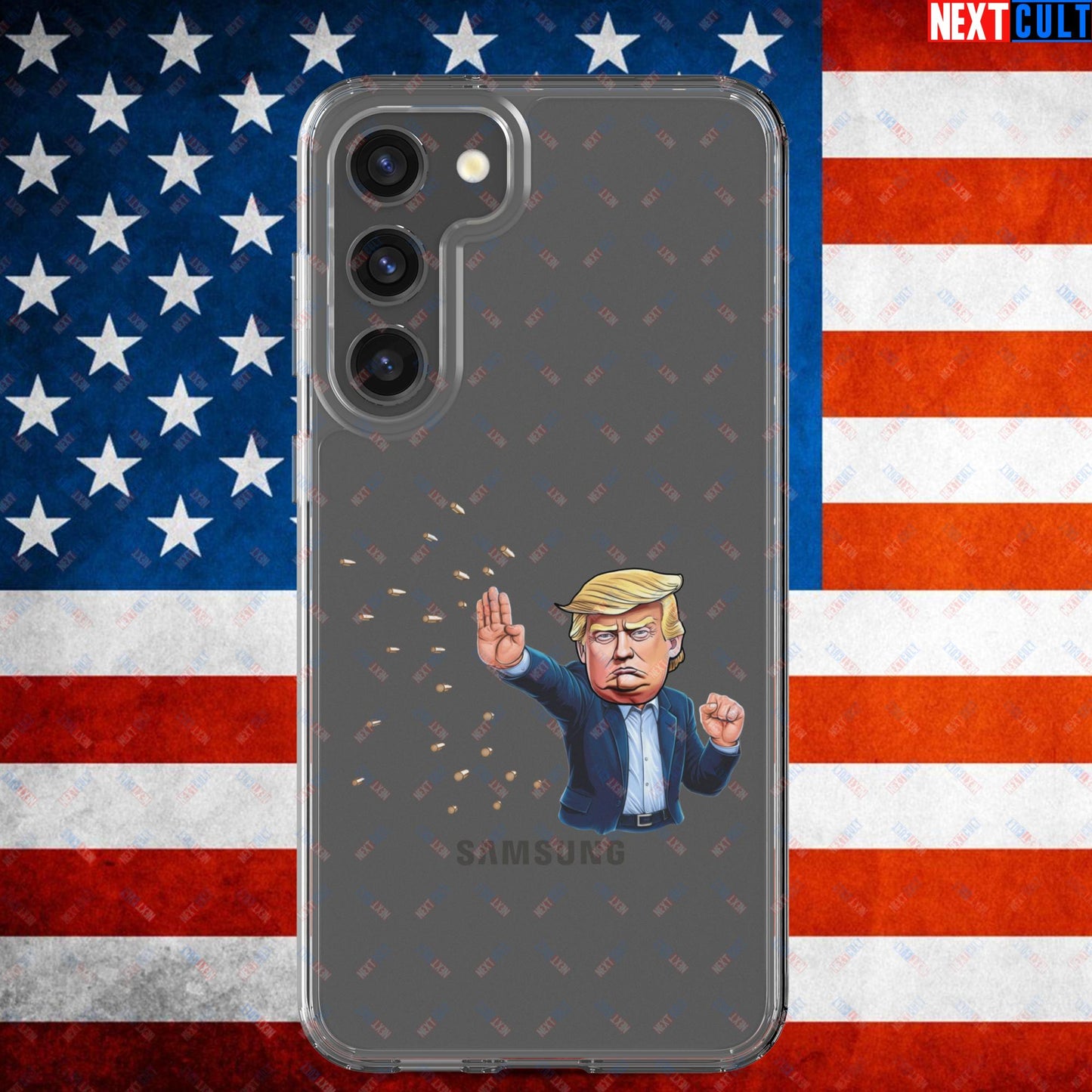 Donald Trump Shooting Assassination Attempt Funny Republican Politics Matrix Parody Clear Case for Samsung Samsung Galaxy S23 Plus Mobile Phone Cases Conspiracy Theories Donald Trump Politics Republicans Next Cult Brand