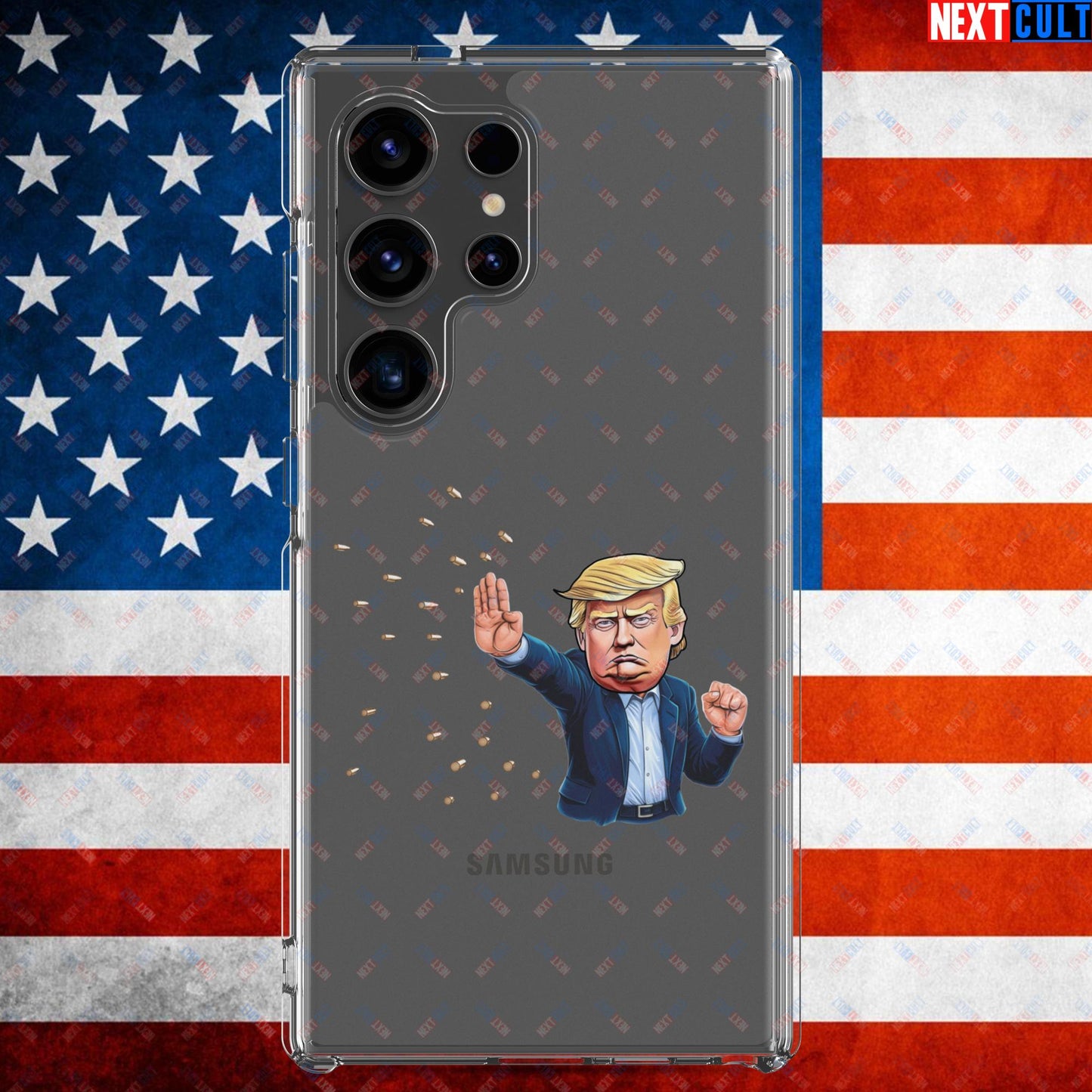Donald Trump Shooting Assassination Attempt Funny Republican Politics Matrix Parody Clear Case for Samsung Samsung Galaxy S24 Ultra Mobile Phone Cases Conspiracy Theories Donald Trump Politics Republicans Next Cult Brand