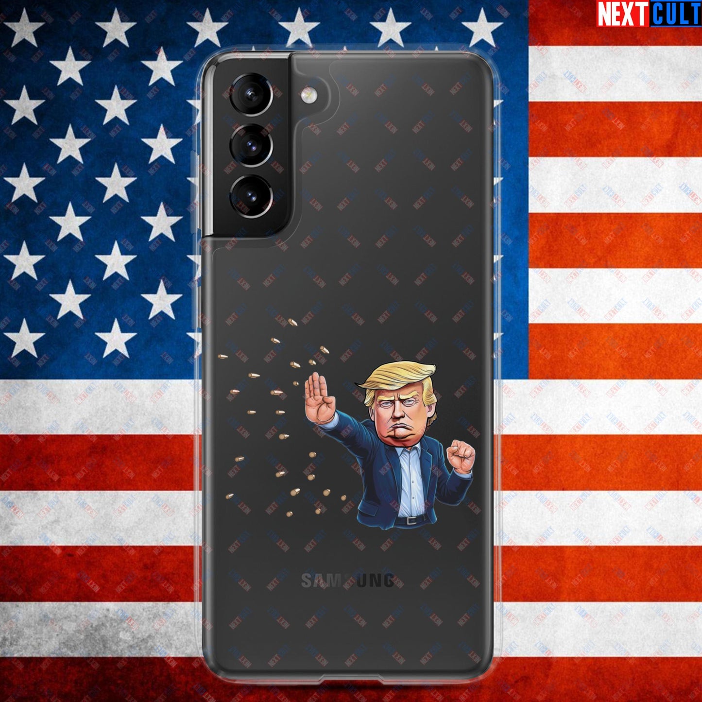 Donald Trump Shooting Assassination Attempt Funny Republican Politics Matrix Parody Clear Case for Samsung Samsung Galaxy S21 Plus Mobile Phone Cases Conspiracy Theories Donald Trump Politics Republicans Next Cult Brand