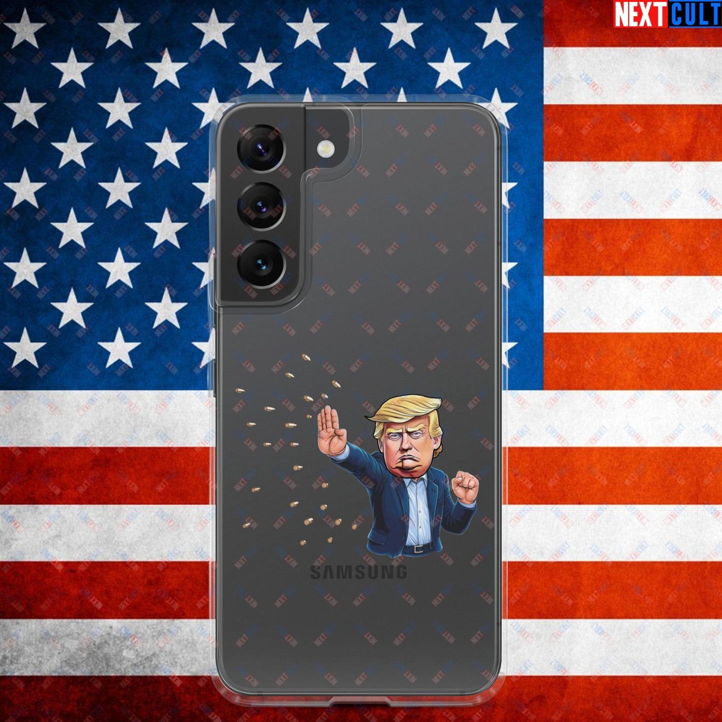 Donald Trump Shooting Assassination Attempt Funny Republican Politics Matrix Parody Clear Case for Samsung Samsung Galaxy S22 Mobile Phone Cases Conspiracy Theories Donald Trump Politics Republicans Next Cult Brand